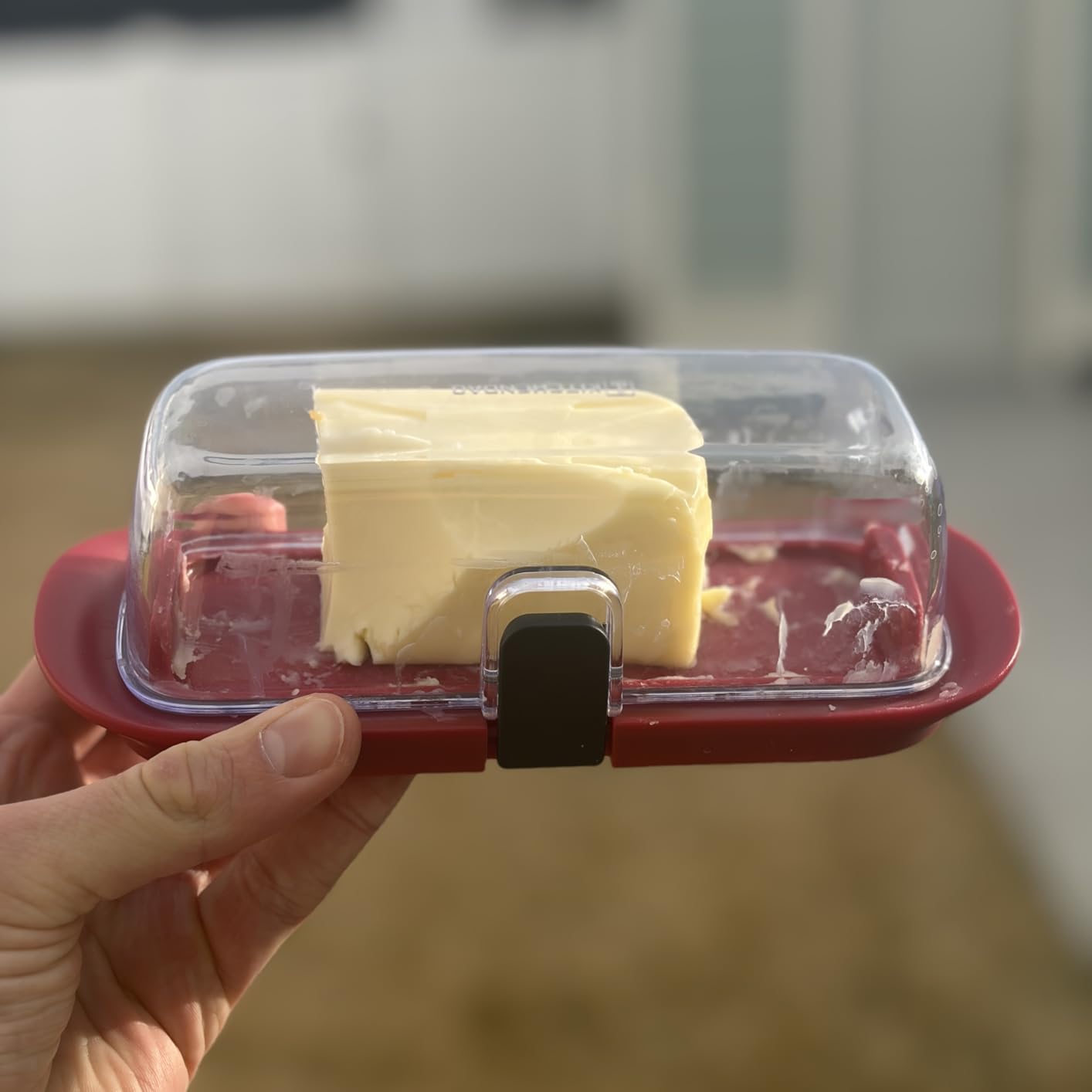 KITCHENDAO One-handed Airtight Butter Dish with Lid for Countertop and Refrigerator Door Shelf, Butter Holder with One Press to Open/Close Secure Latching Buckle for West/East Coast Butter (White) customer photo 1