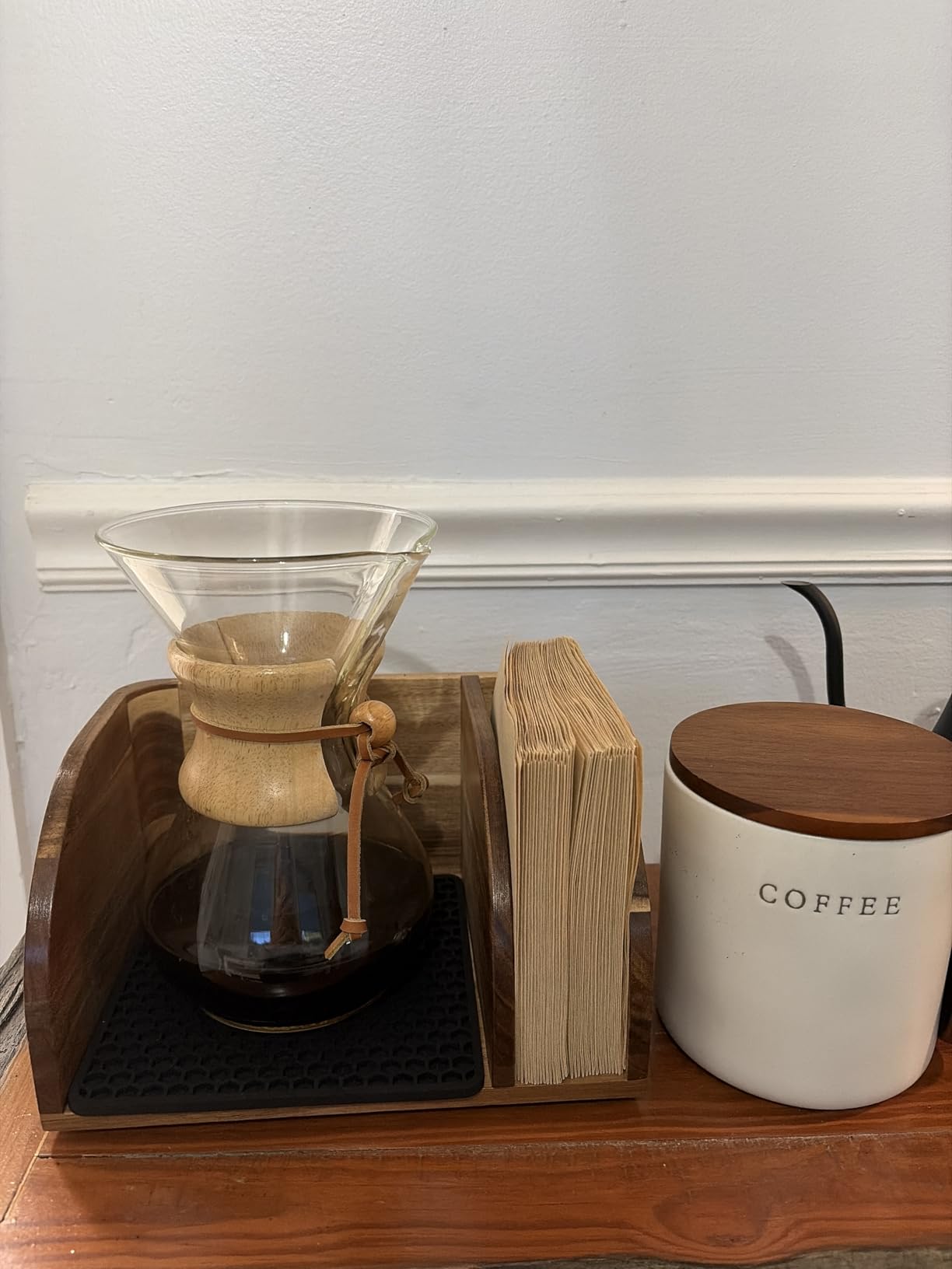 MAVOTER Acacia Coffee Bar Station Organizer Stand for Pour Over Maker, Coffee Filter Holder for Countertop, Wooden Caddy Storage Organizers with Heatproof Mat(17.8*7*5.1 inch) customer photo 1
