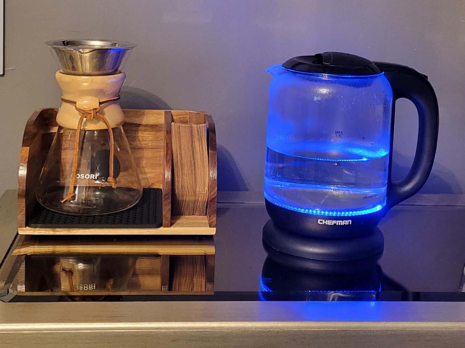 MAVOTER Acacia Coffee Bar Station Organizer Stand for Pour Over Maker, Coffee Filter Holder for Countertop, Wooden Caddy Storage Organizers with Heatproof Mat(17.8*7*5.1 inch) customer photo 2