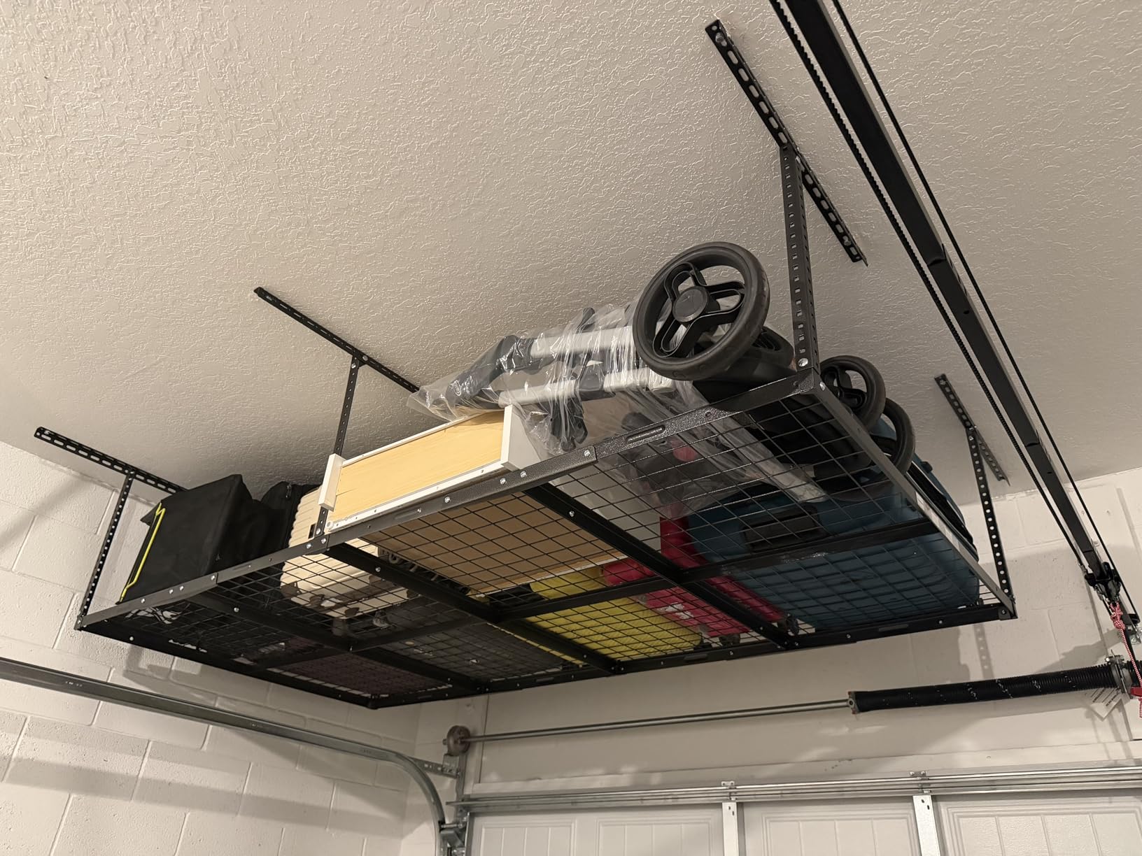FLEXIMOUNTS 4x8 Overhead Garage Storage Rack, Adjustable Organization System, Heavy-Duty Metal Ceiling Racks, 750lbs Weight Capacity, White, Classic Series customer photo 1