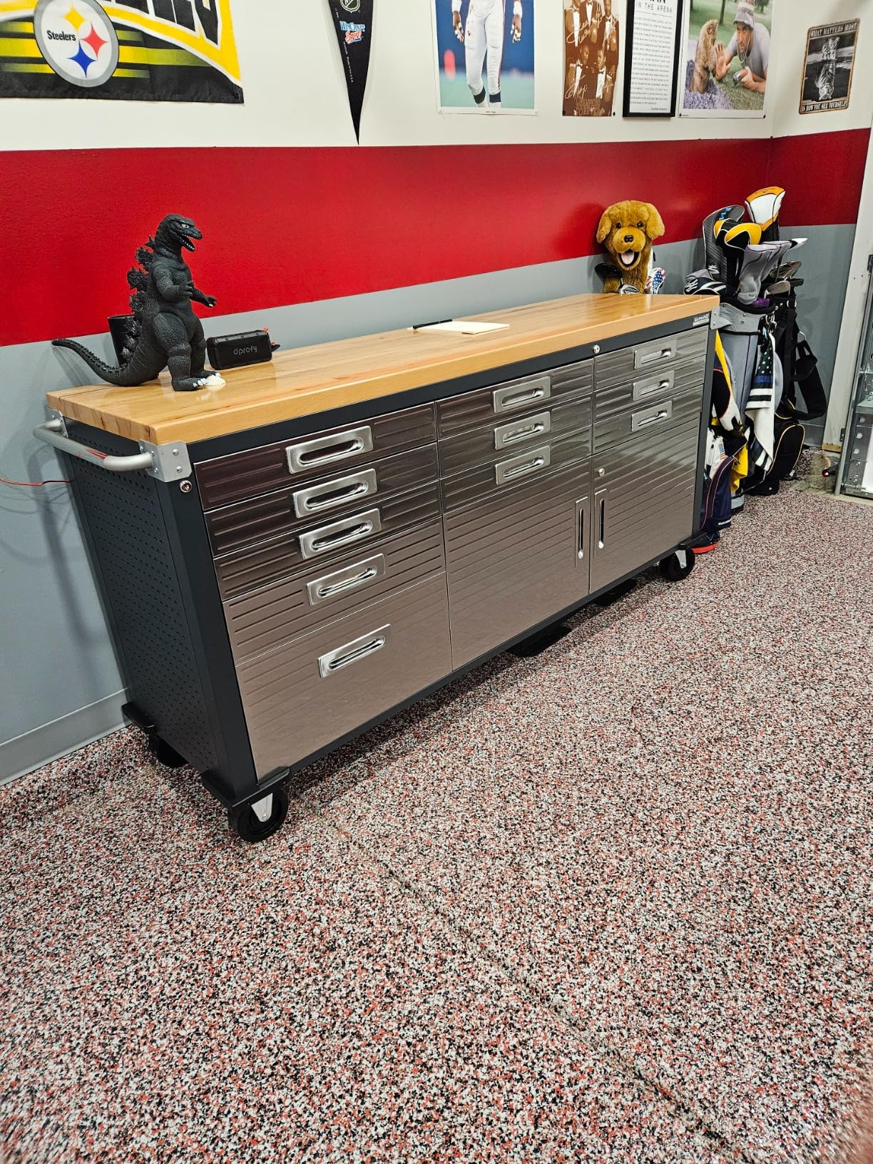 Seville Classics UltraHD Heavy Duty Rolling Cabinet Workbench Table w/Solid Wood Top, Workstation for Garage, Warehouse, Office, Workshop, 77 W x 20 D x 37.5 H, Red, 11-Drawer customer photo 2