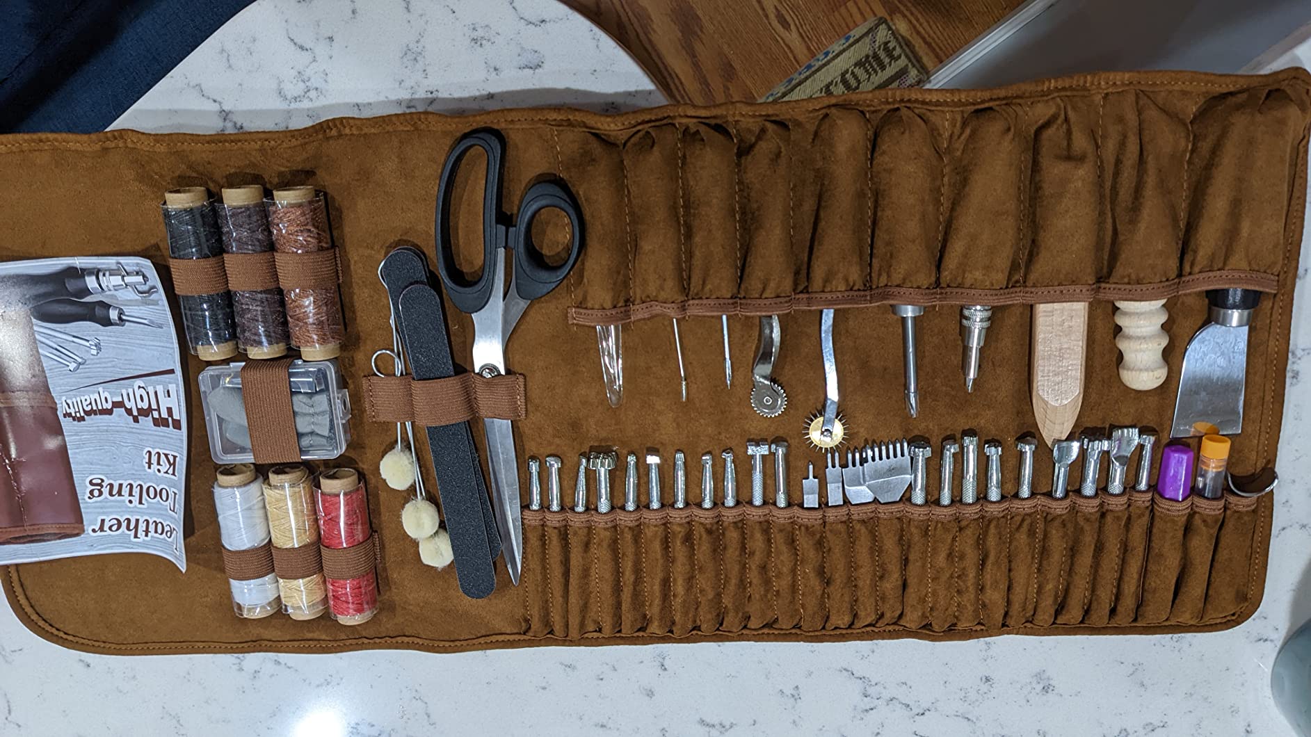 TLKKUE Leather Working Tools Leather Craft Tools for Carving Stamping Sewing Punching Cutting with Custom Storage Bag Professional Tooling Kit for Crafting, Repair & DIY Projects customer photo 1