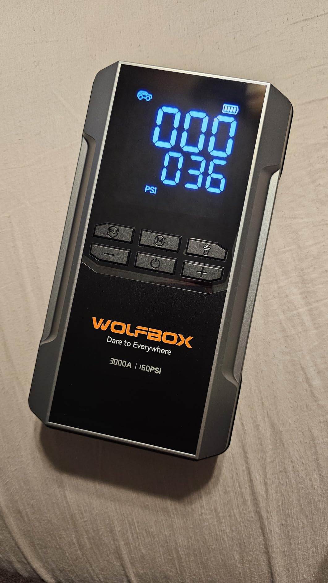 WOLFBOX 3000A Jump Starter with Air Compressor, 59.2Wh&160PSI Portable Car Battery Jump Starter with 65W Fast Charging, 12V Battery Pack (8L Gas 6L Diesel Engine) with Boost, Light and Jumper Cables customer photo 2