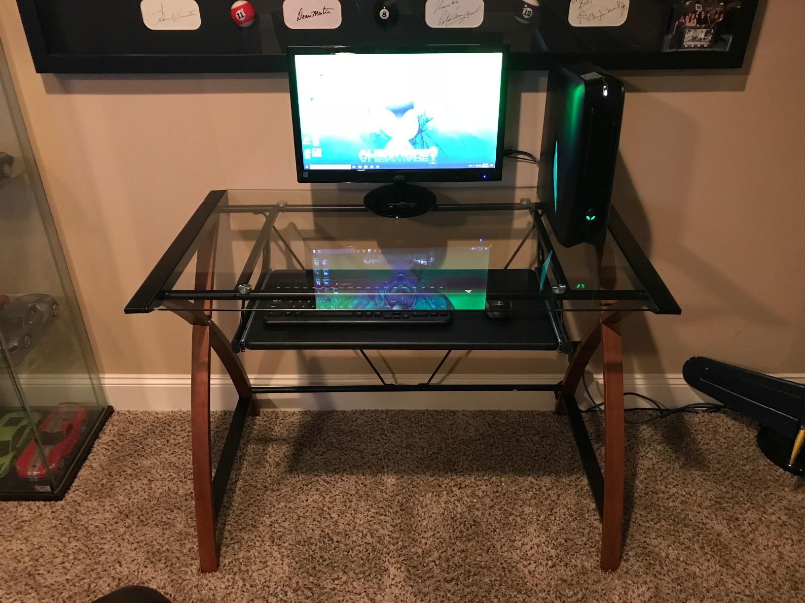 Flash Furniture Jude Tempered Glass Computer Desk with Pull-Out Keyboard Tray and Crisscross Frame, Small Computer Desk for Home Office, Cherry/Clear customer photo 1