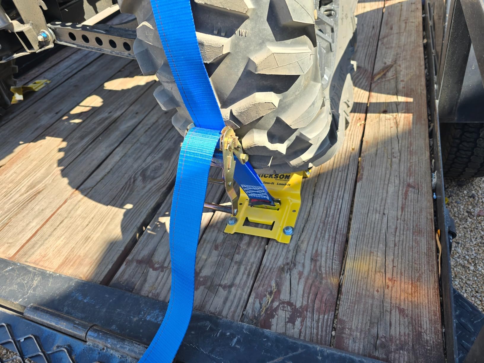 Erickson Wheel Chock Tie-Down Kit, 2 in x 7.5 ft, Double Slotted E-Fitting, Fits 10 in-30 in Tires, 1500 lb Ratchet Straps - Secures ATV, UTV, SxS, Mower & More customer photo 2