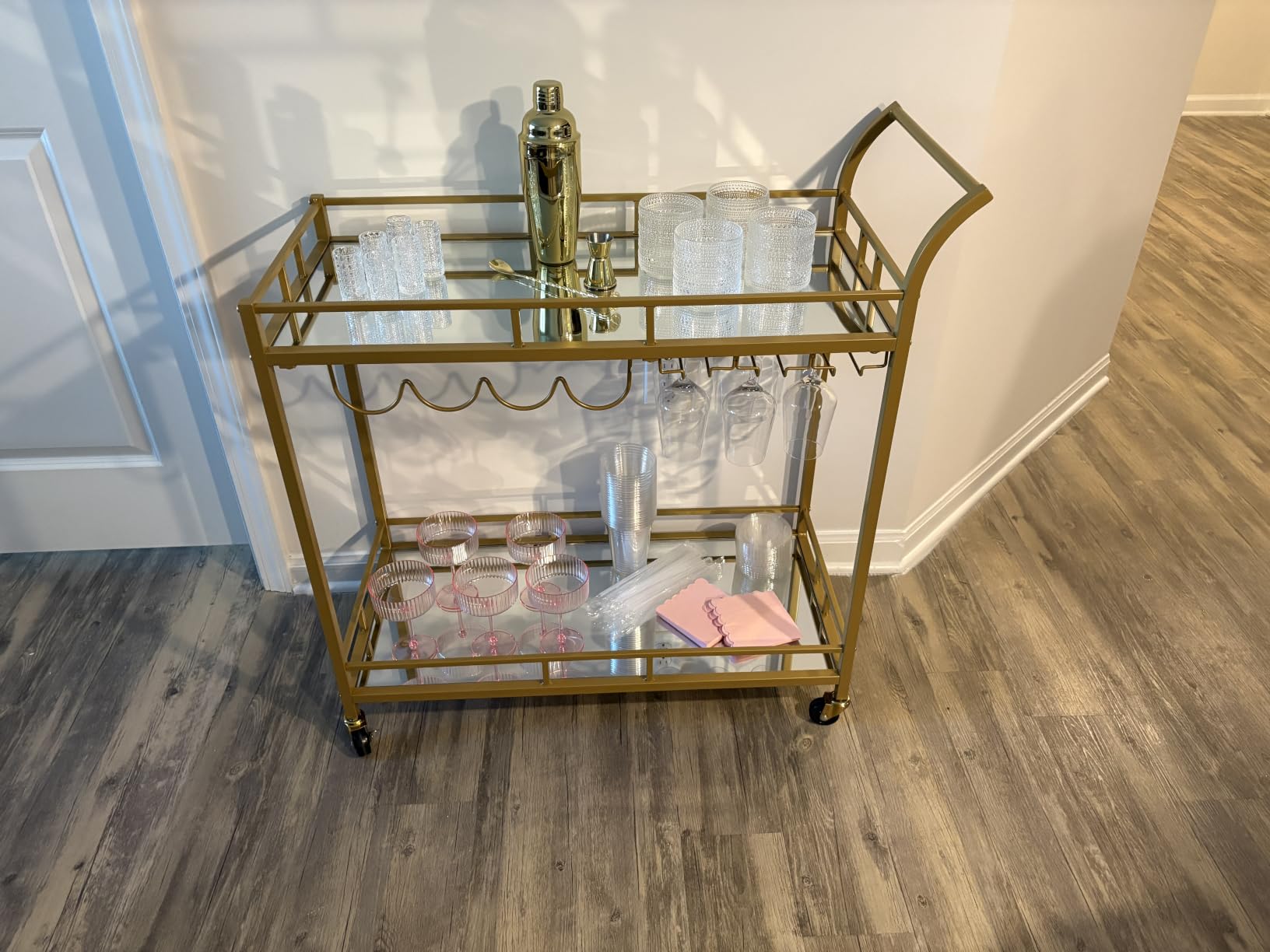 VASAGLE Bar Cart Gold, Home Bar Serving Cart, Wine Cart with 2 Mirrored Shelves, Wine Holders, Glass Holders, for Kitchen, Dining Room, Gold customer photo 1