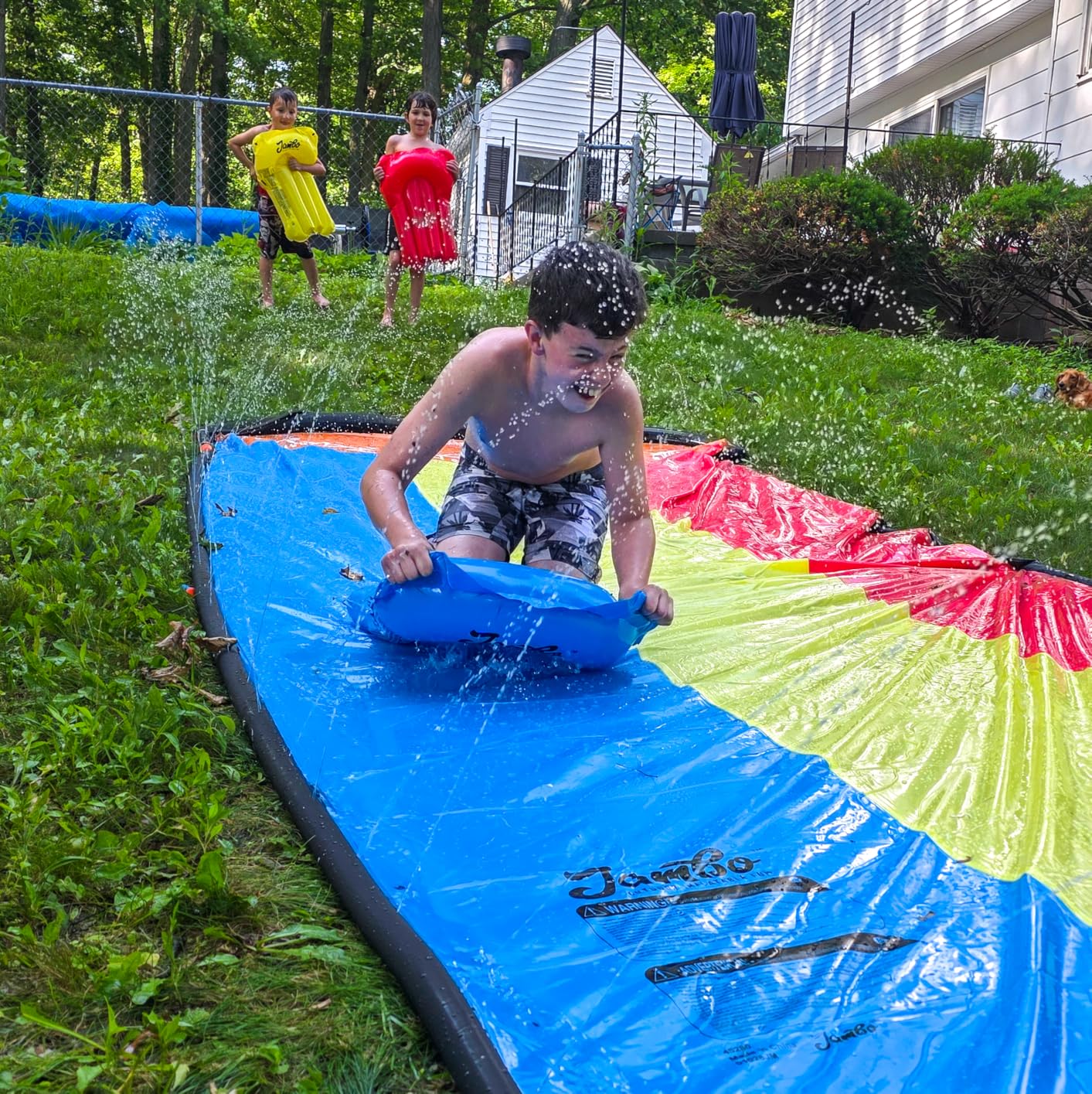 JAMBO Premium Triple Water Slide with 3 Bodyboards, 20Ft Heavy Duty Slip Splash and Slides-Advanced 3-Way Sprinkler System, Splash Pad Mat Backyard Summer Outdoor Water Toys n Long Slides for Kids customer photo 2