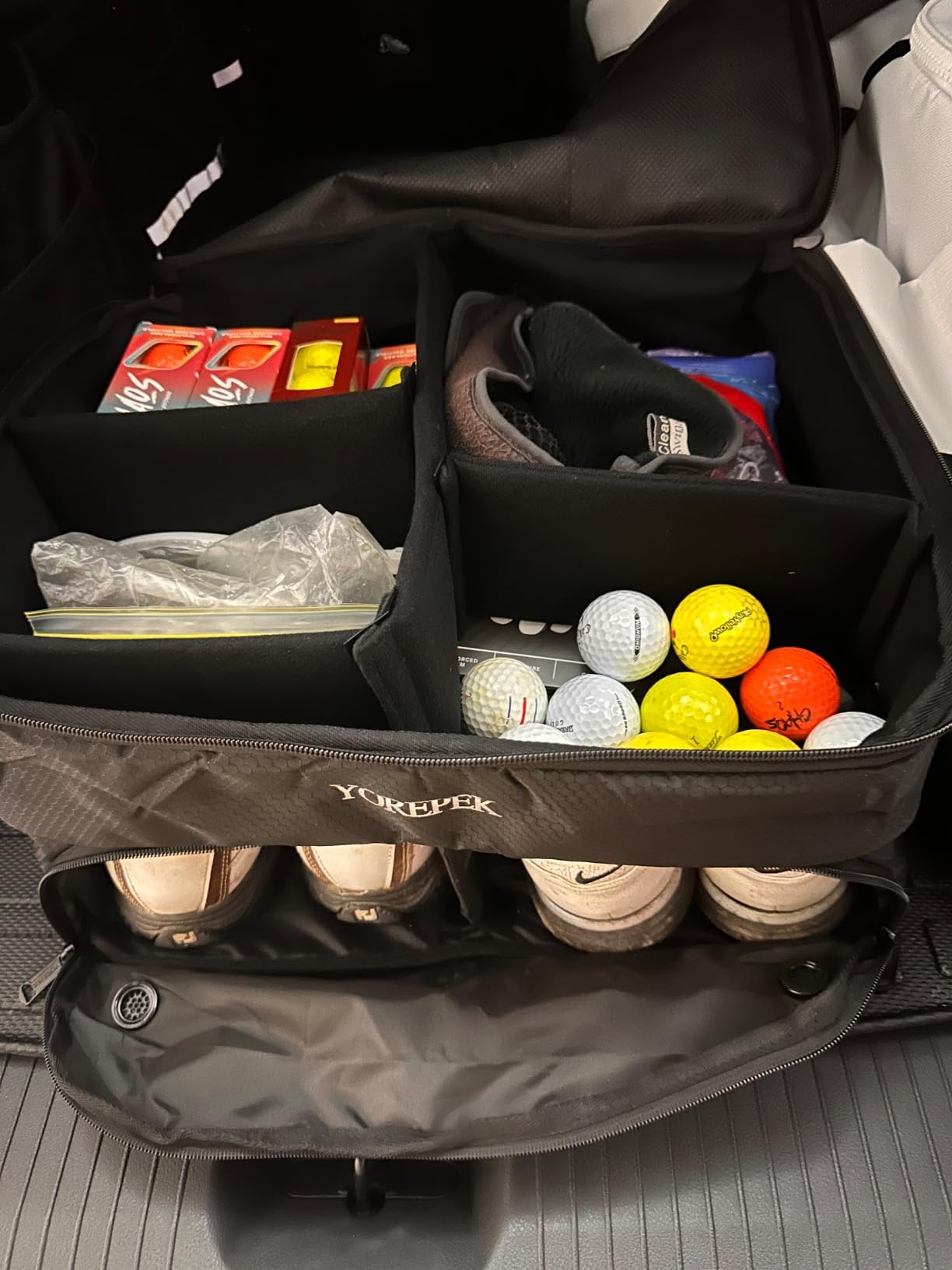 YOREPEK 2 Layer Golf Trunk Organizer, Golf Gifts for Men with Separate Ventilated Compartment for 2 Pair Shoes, Waterproof Car Trunk Locker for Balls, Tees, Clothes, Gloves customer photo 1