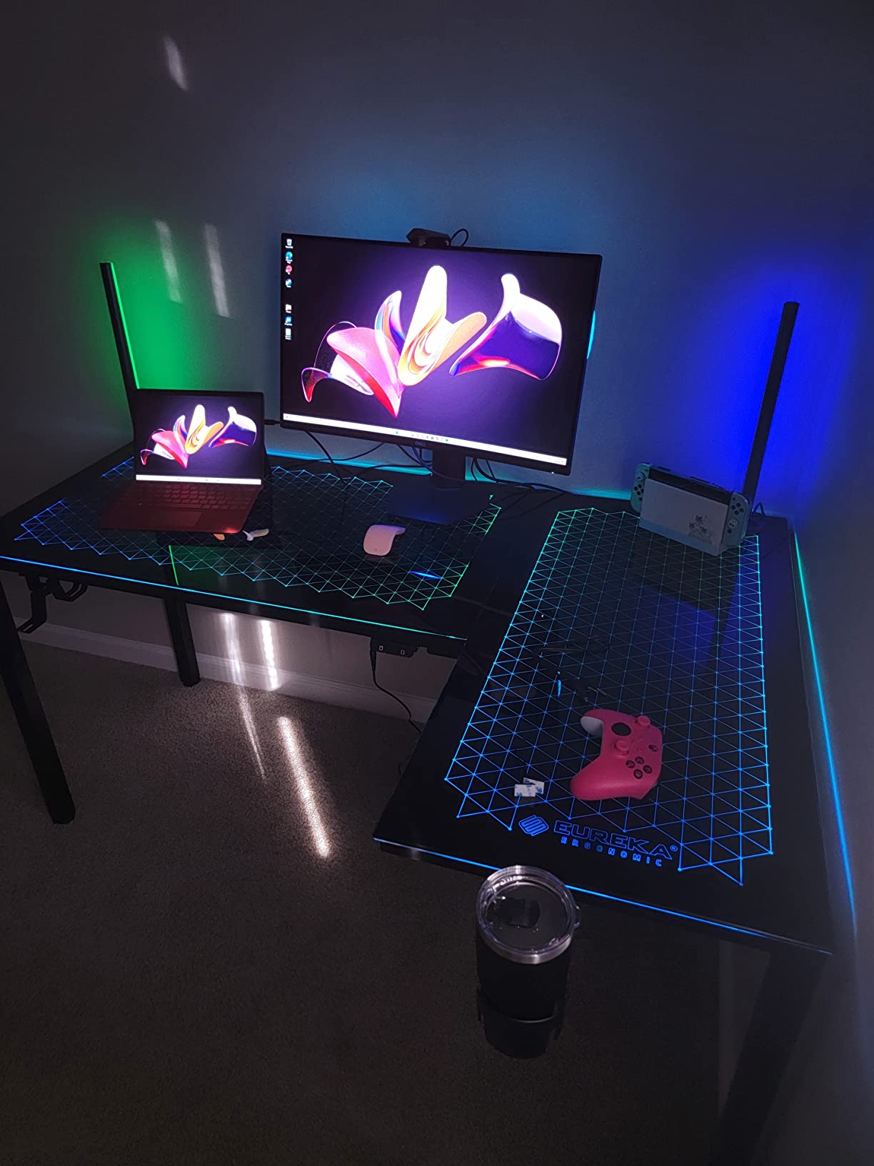 EUREKA ERGONOMIC RGB LED Lights 60 Inch L Shaped Reversible Black Glass Gaming Desk GTG L60 customer photo 1
