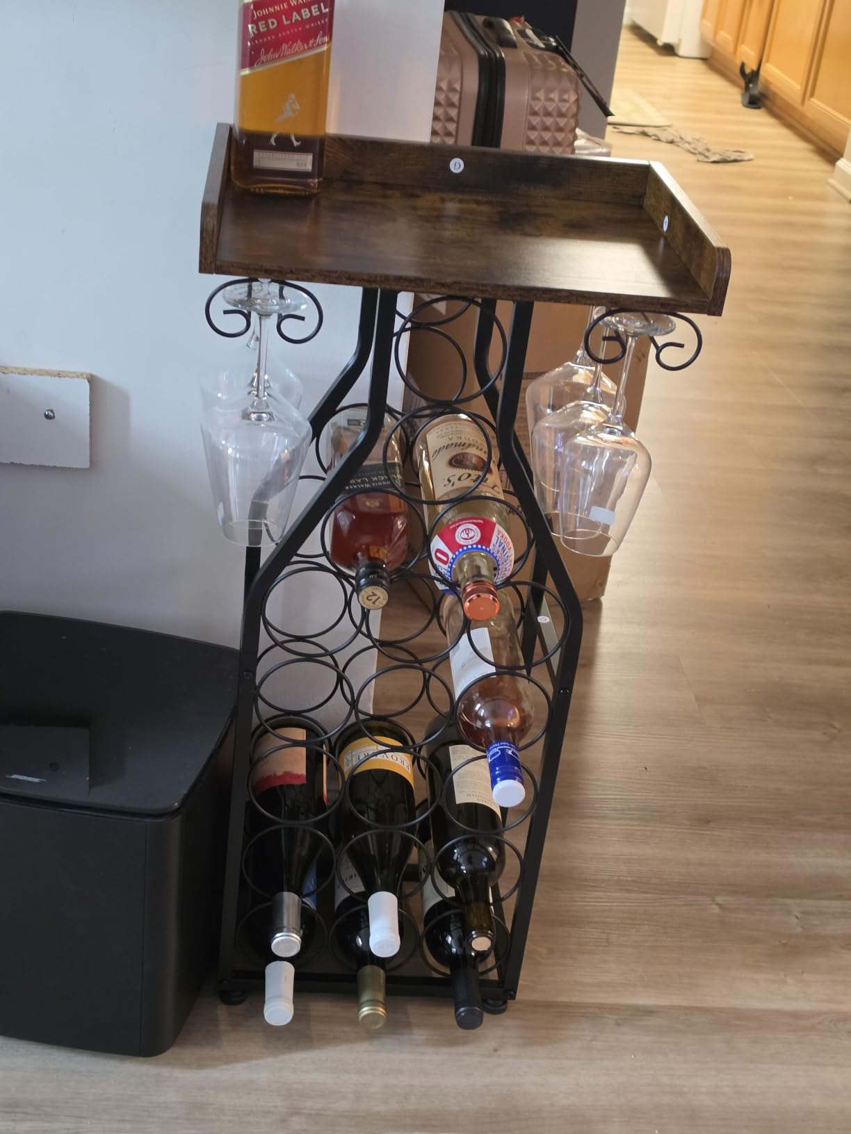 X-cosrack Wine Rack Freestanding Floor, Mini Bar Table Wine Holder Stand Liquor Cabinet with Glass Holder Wood Tabletop 14 Bottles Floor Wine Storage for Home Bar Kitchen Living Room customer photo 1