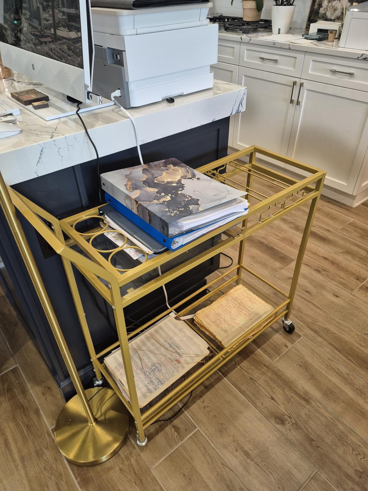 HOOBRO Bar Cart for The Home, Gold Bar Cart, 2-Tier Home Bar Serving Cart with Wine Rack and Glass Holder, Bar Carts with for Bar, Kitchen, Dining Room, Living Room, Gold GD11TC01 customer photo 2