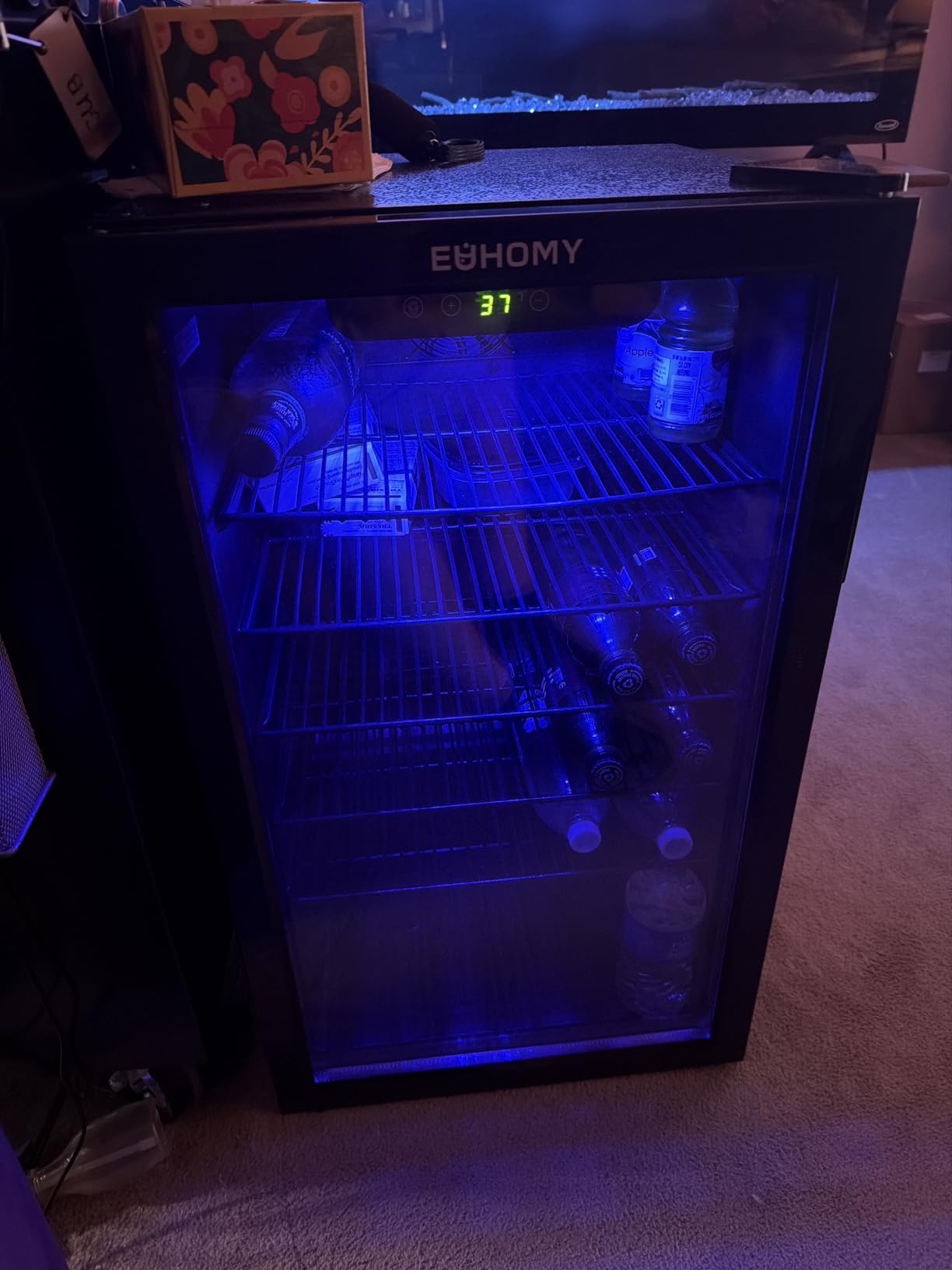 EUHOMY 48 Can Beverage Refrigerator cooler-Mini Fridge Glass Door for Beer Drinks Wines, Countertop Beverage Fridge with Adjustable Shelves Blue LED for Home/Office/Dorm/Bar, 1.3 cu.ft customer photo 1