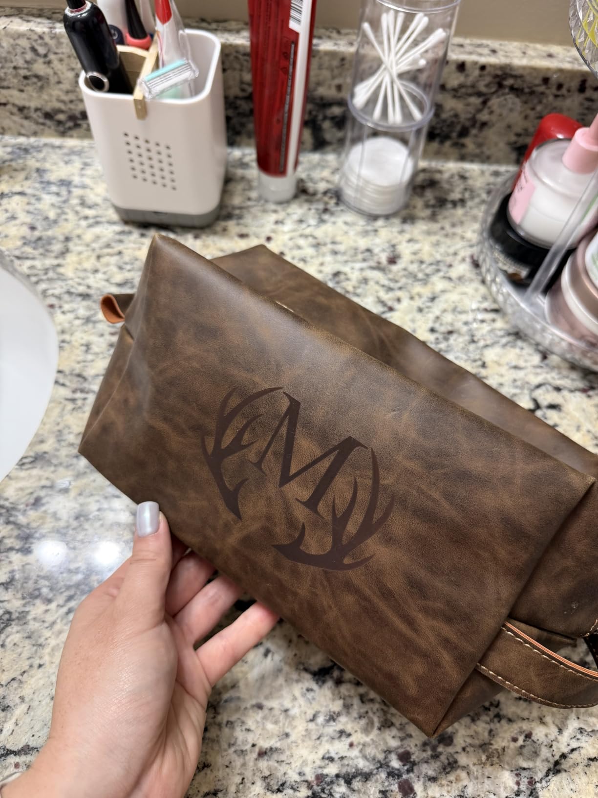Unique Mens Travel Toiletry Bag Initial Graduation Gifts for Him PU Leather Waterproof Shaving Bag for Toiletries Accessories Travel Essentials College Graduates Graduation Presents (S) customer photo 2