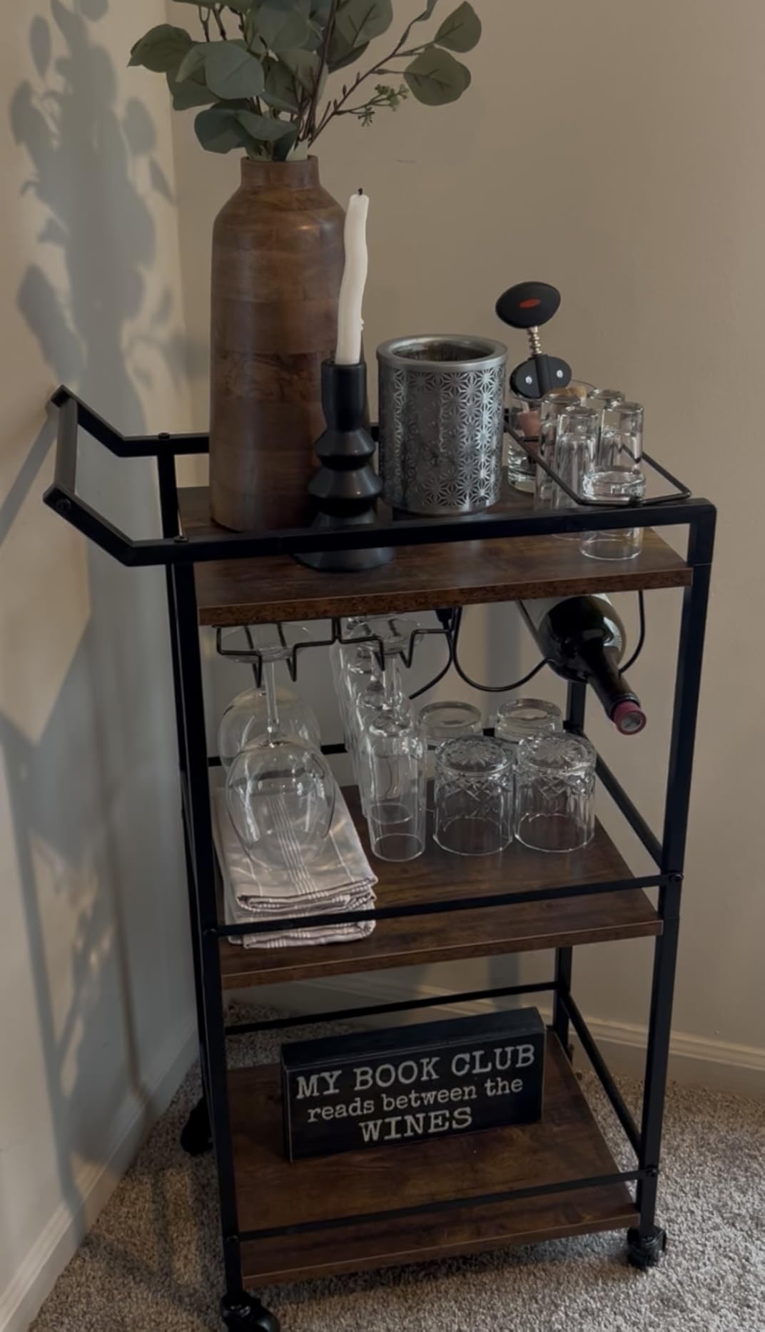 LOTEYIKE 3 Tier Bar Cart, Mini Liquor Utility Cart for Wine Beverage Dinner Party, Rolling Wine Coffee Drink Serving Cart with Lockable Wheels for Home Kitchen Bars, Rustic Brown customer photo 1