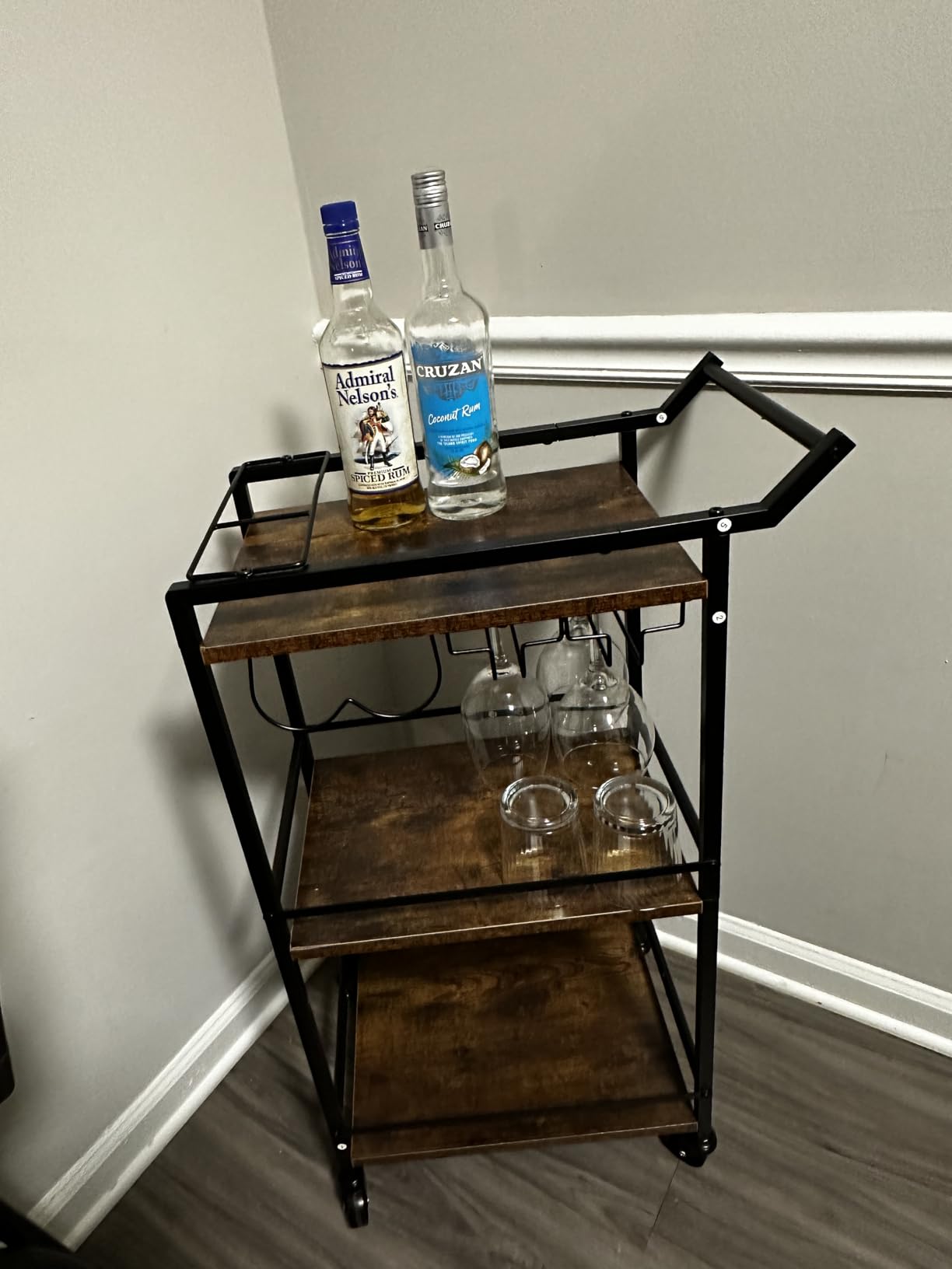 LOTEYIKE 3 Tier Bar Cart, Mini Liquor Utility Cart for Wine Beverage Dinner Party, Rolling Wine Coffee Drink Serving Cart with Lockable Wheels for Home Kitchen Bars, Rustic Brown customer photo 2
