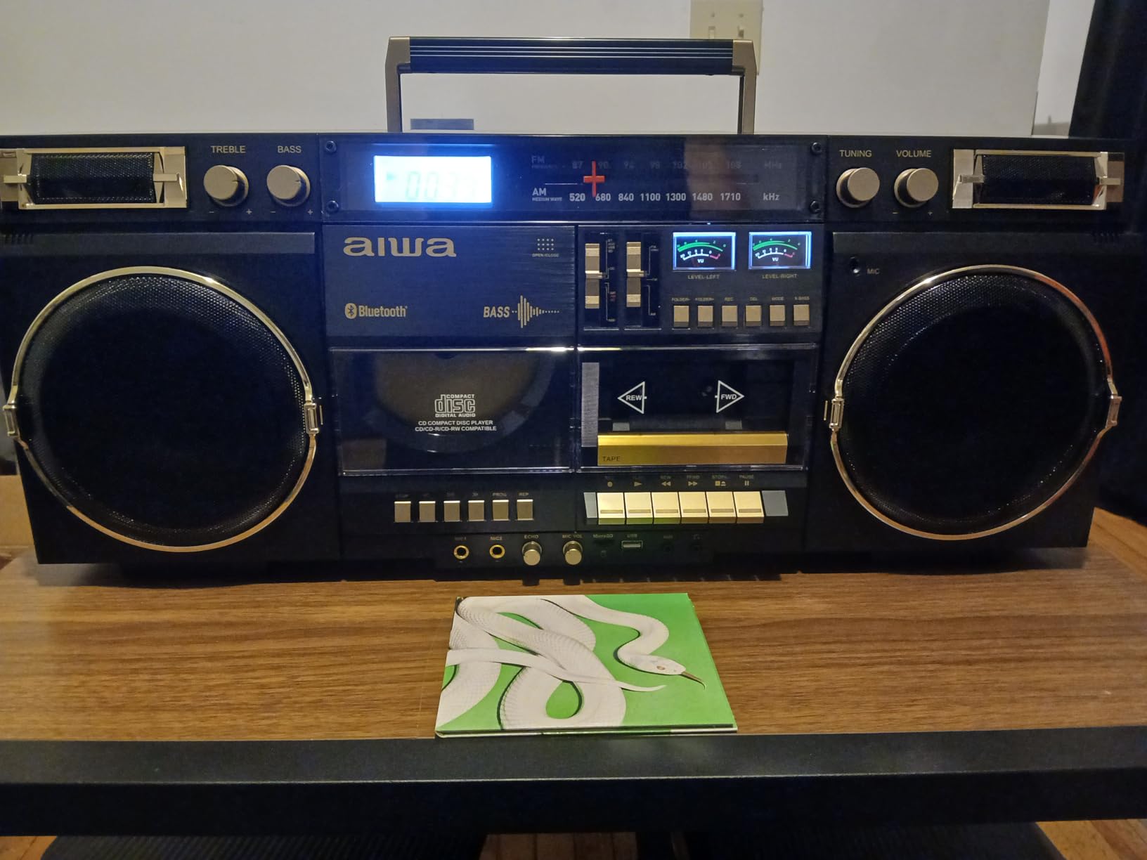 aiwa Retro Boombox BackTrack CD Player with Cassette Recording, Bluetooth 5.0, FM/AM Radio, USB/SD/AUX Inputs, VU Meters, LCD Display, Dual 40W Speakers (Black and Gold) customer photo 1