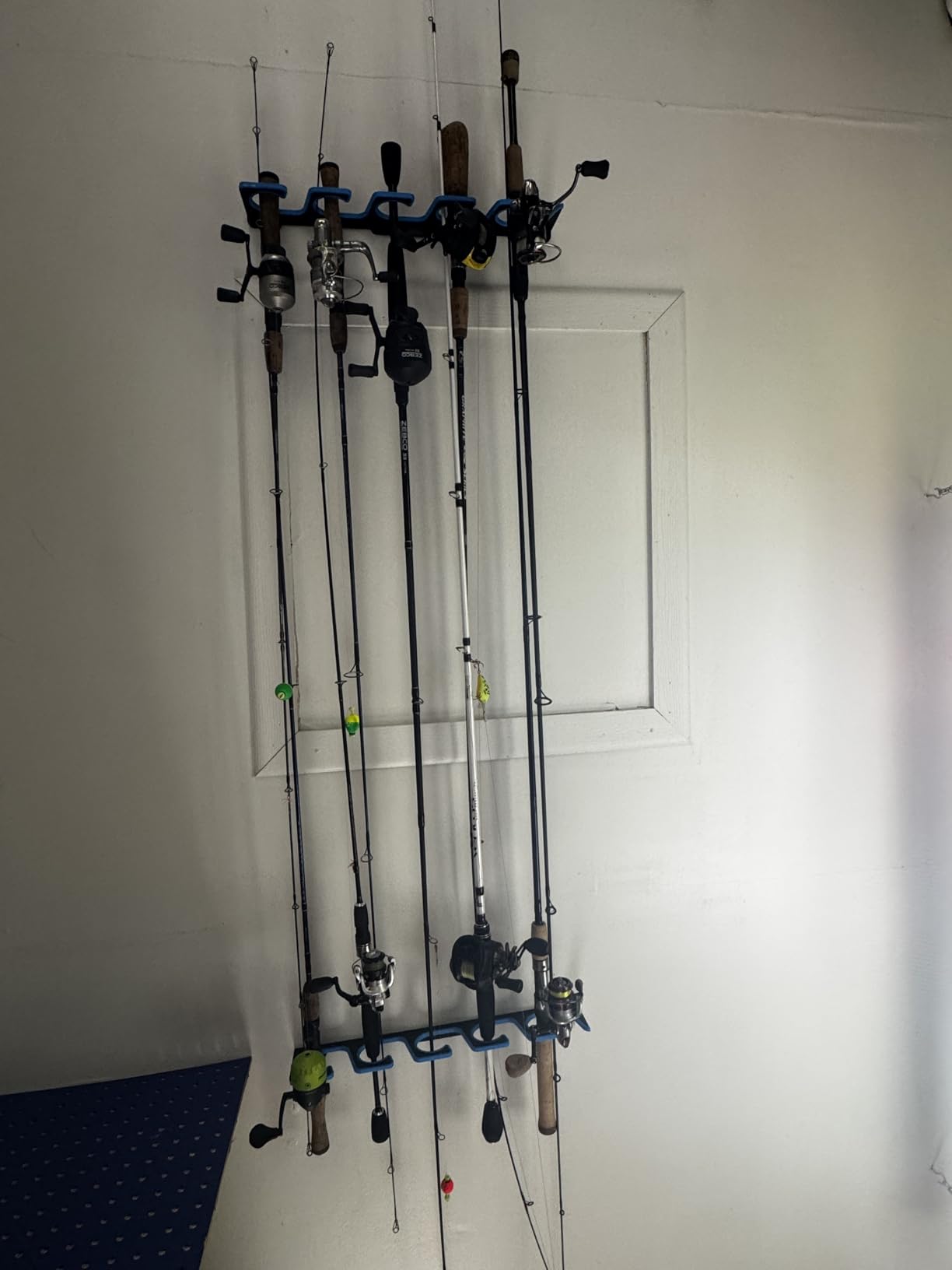 PLUSINNO H5P Fishing Rod/Pole Holders for Garage, Wall or Ceiling Mounted Fishing Rod Holder with Soft Protective Pad, Fishing Rod Storage Organizer Holds up to 5/10/20 Rod or Combos or Nets customer photo 1