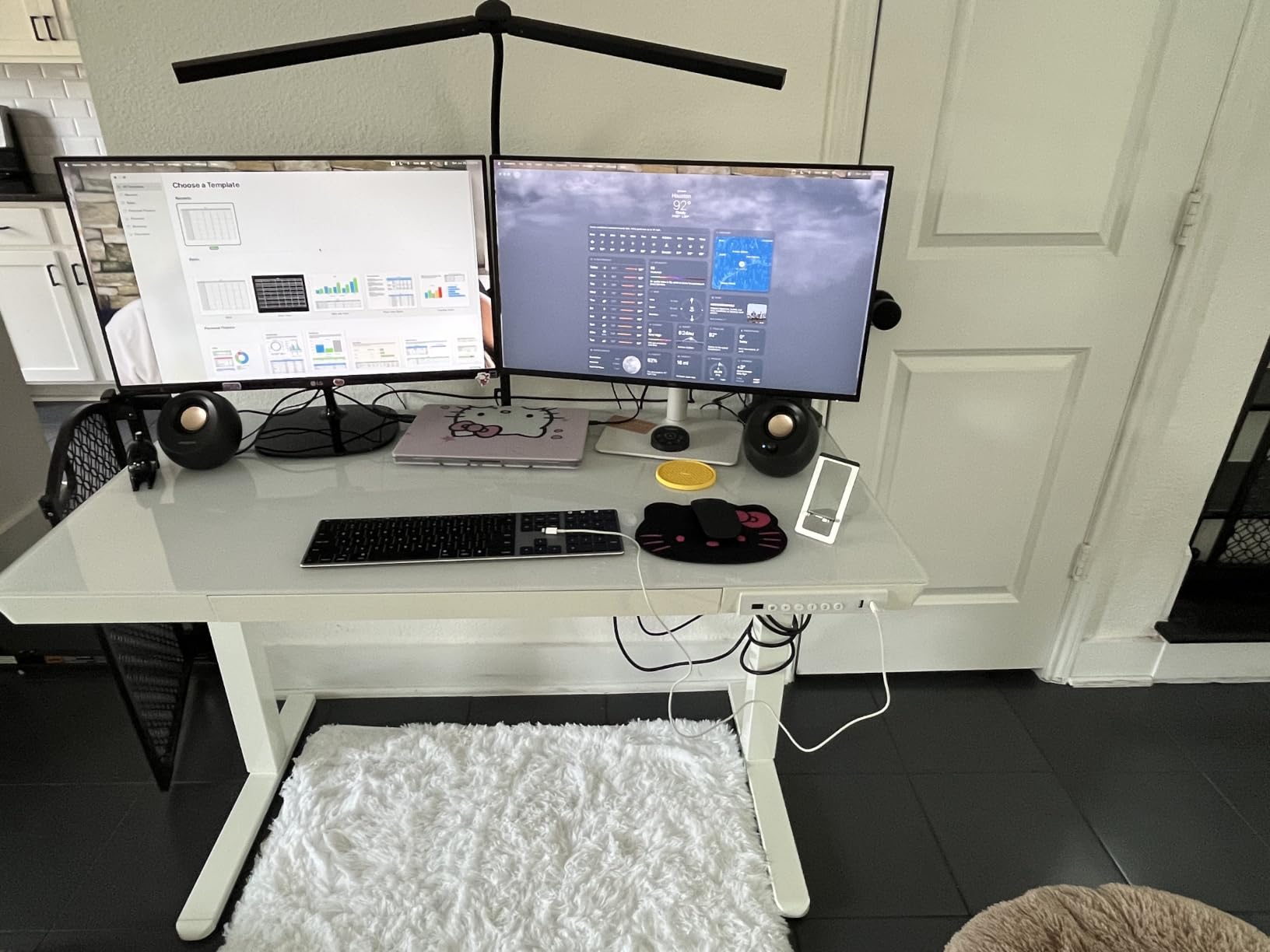 HUANUO Glass Standing Desk with Drawers, 48 X 24 Inch Electric Adjustable Height Desk, Quick Install One-Piece Tabletop with USB Charging Ports, White customer photo 1