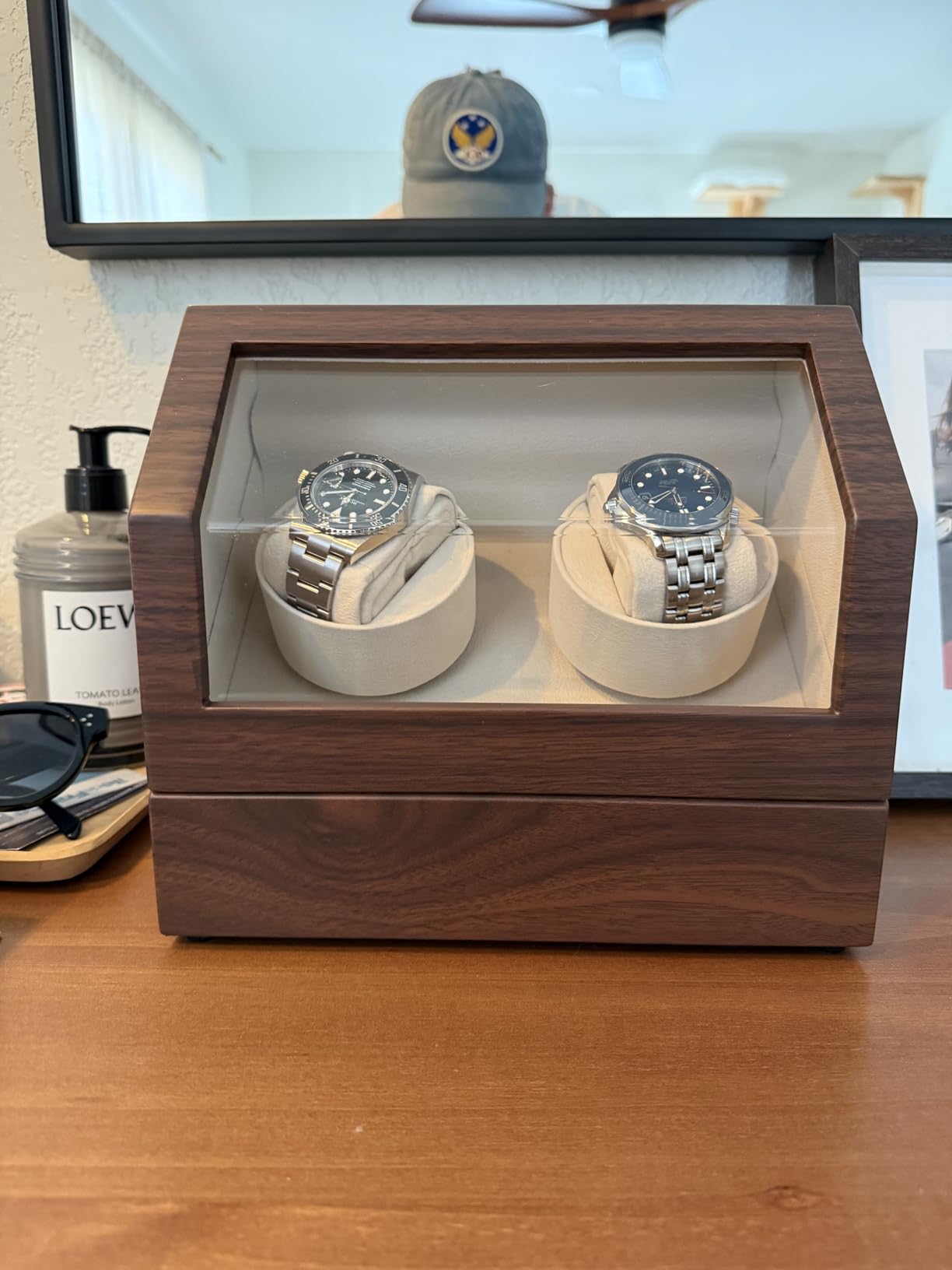 Double Watch Winder in Walnut - Automatic Watch Window for 2 Watches - Japanese Motor - Zero Magenetization - Use Batteries or Adapter Dual Watch Winder for Automatic Watches for Rolex customer photo 2