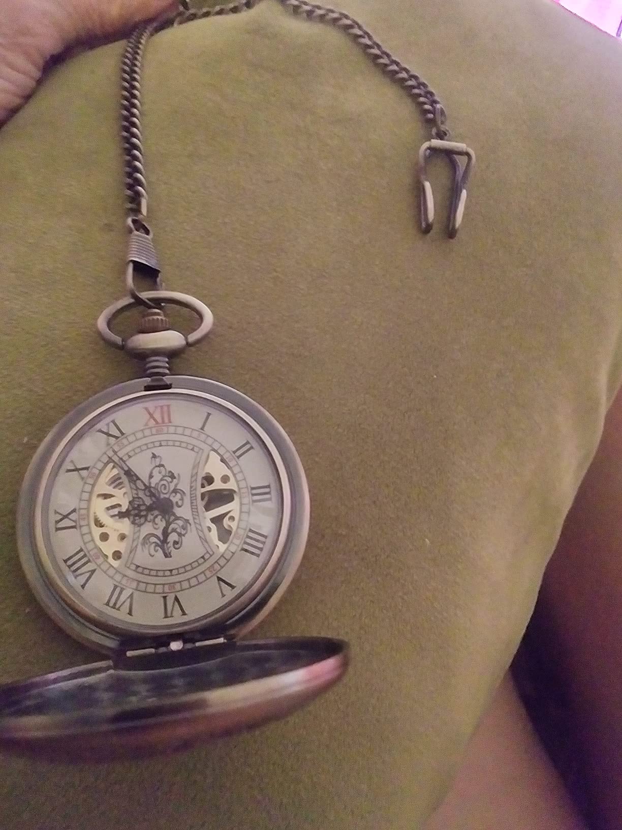 Mechanical Pocket Watches for Men Vintage Pocket Watch with Chain | Retro Roman No. half hunter skeleton mechanical pocket watch with chain, Hand wind up pocketwatch,Antique gifts for men women customer photo 1