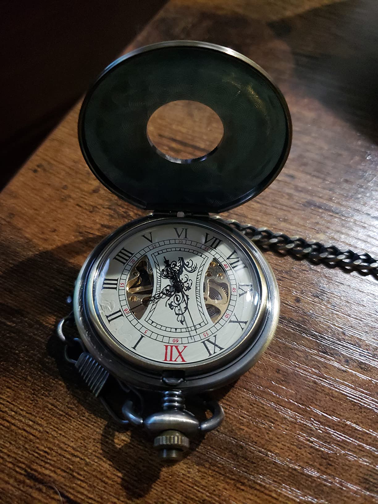 Mechanical Pocket Watches for Men Vintage Pocket Watch with Chain | Retro Roman No. half hunter skeleton mechanical pocket watch with chain, Hand wind up pocketwatch,Antique gifts for men women customer photo 2