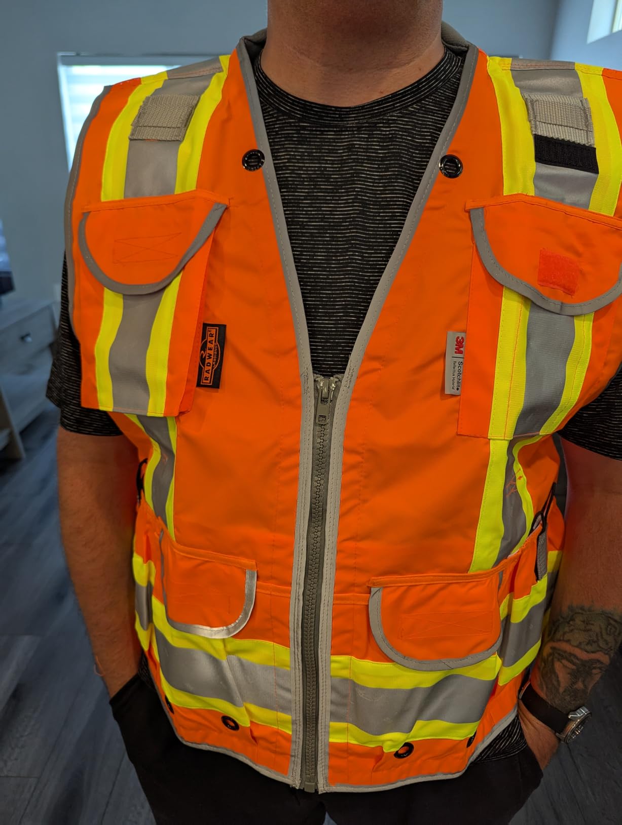 Radians SV55 Class 2 Heavy Woven Two Tone Engineer Vest with Padded Neck to Support Extra Weight in Cargo Pockets, Orange, Large customer photo 2