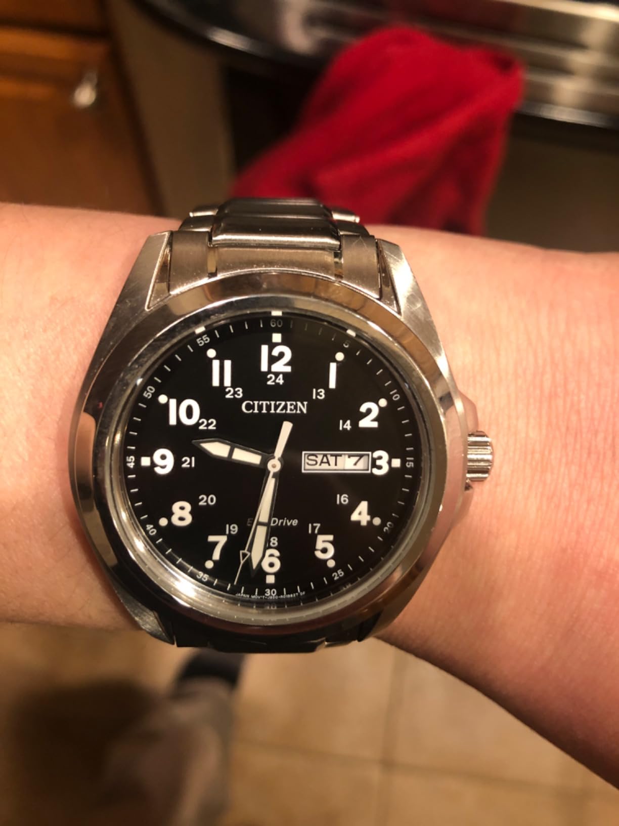 Citizen Men's Eco-Drive Weekender Garrison Field Watch in Stainless Steel, Black Dial, Arabic Markers, Luminous, 43mm (Model: AW0050-82E) customer photo 1