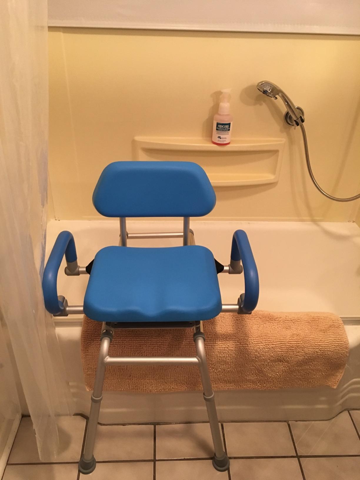 Platinum Health Carousel Sliding Shower Chair Tub Transfer Bench with Swivel Seat, Premium Padded, Pivoting Arms, Adjustable Space Saving Design for Tubs, Inside Shower, for Handicap & Seniors, Blue customer photo 1