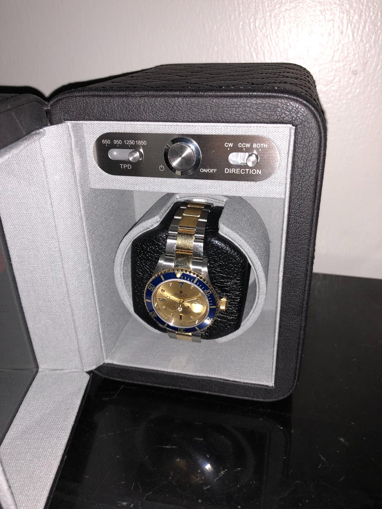 Heiden Monaco Watch Winder - Automatic Watch Winder for Automatic Watches, Rolex - Black Leather - Battery Powered or AC Adapter, 12 Program Settings, Diamond Stitched Vegan Leather customer photo 2