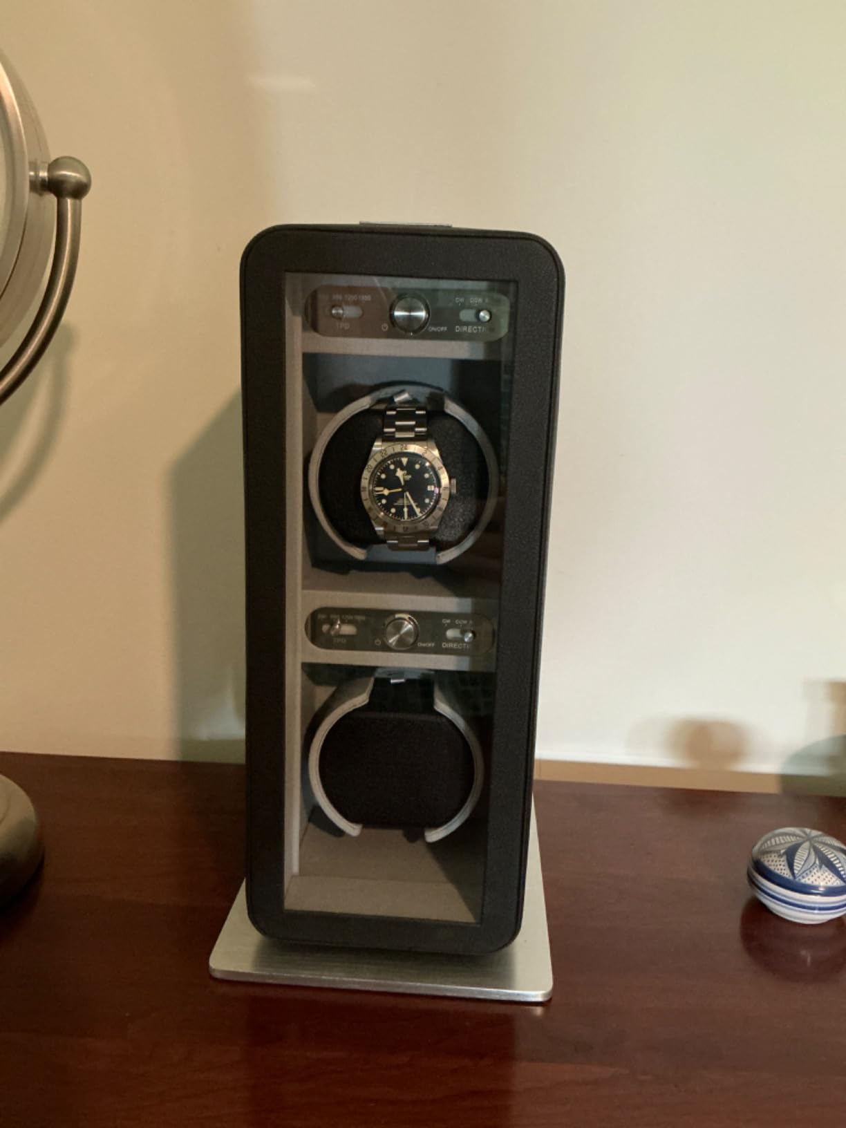 Monaco Double Watch Winder in Black Leather - Battery Powered or AC Adapter, 12 Program Settings, Diamond Stitched Vegan Leather, Soft Linen Interior, Large Interior Space for Large Watches customer photo 1