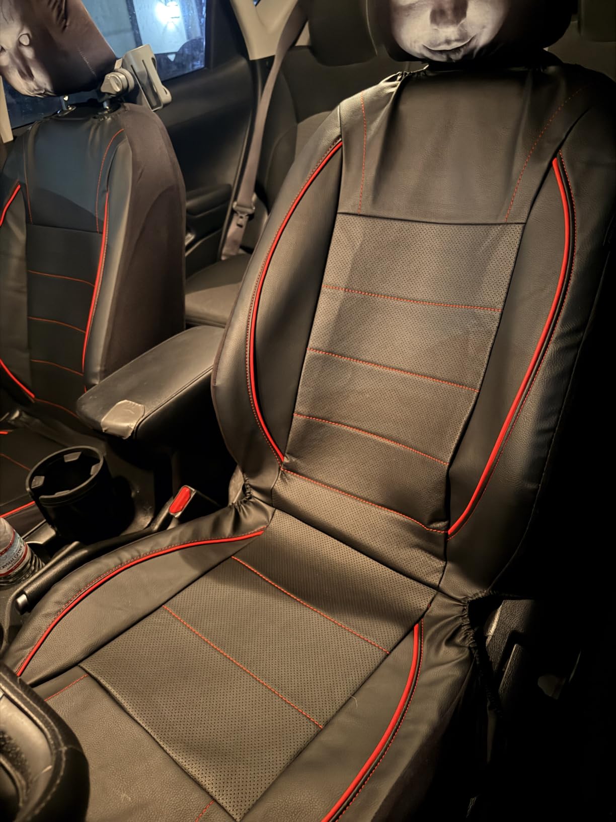 CAR PASS Universal FIT Piping Leather Two Front Seat Covers, Waterproof Faux Leather for SUV Sedan Van Truck, Airbag Compatible,Reserved Opening Holes for Headrest Covers. (Black red) customer photo 1