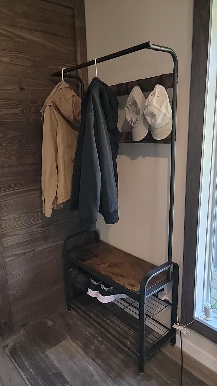 VASAGLE Coat Rack, Hall Tree with Shoe Bench, 4-in-1, 9 Removable Hooks | Entryway Bench, 13.3 x 28.3 x 72.1 Inches, a Hanging Rod, Rustic Brown and Black, DACEY Collection UHSR40B customer photo 1