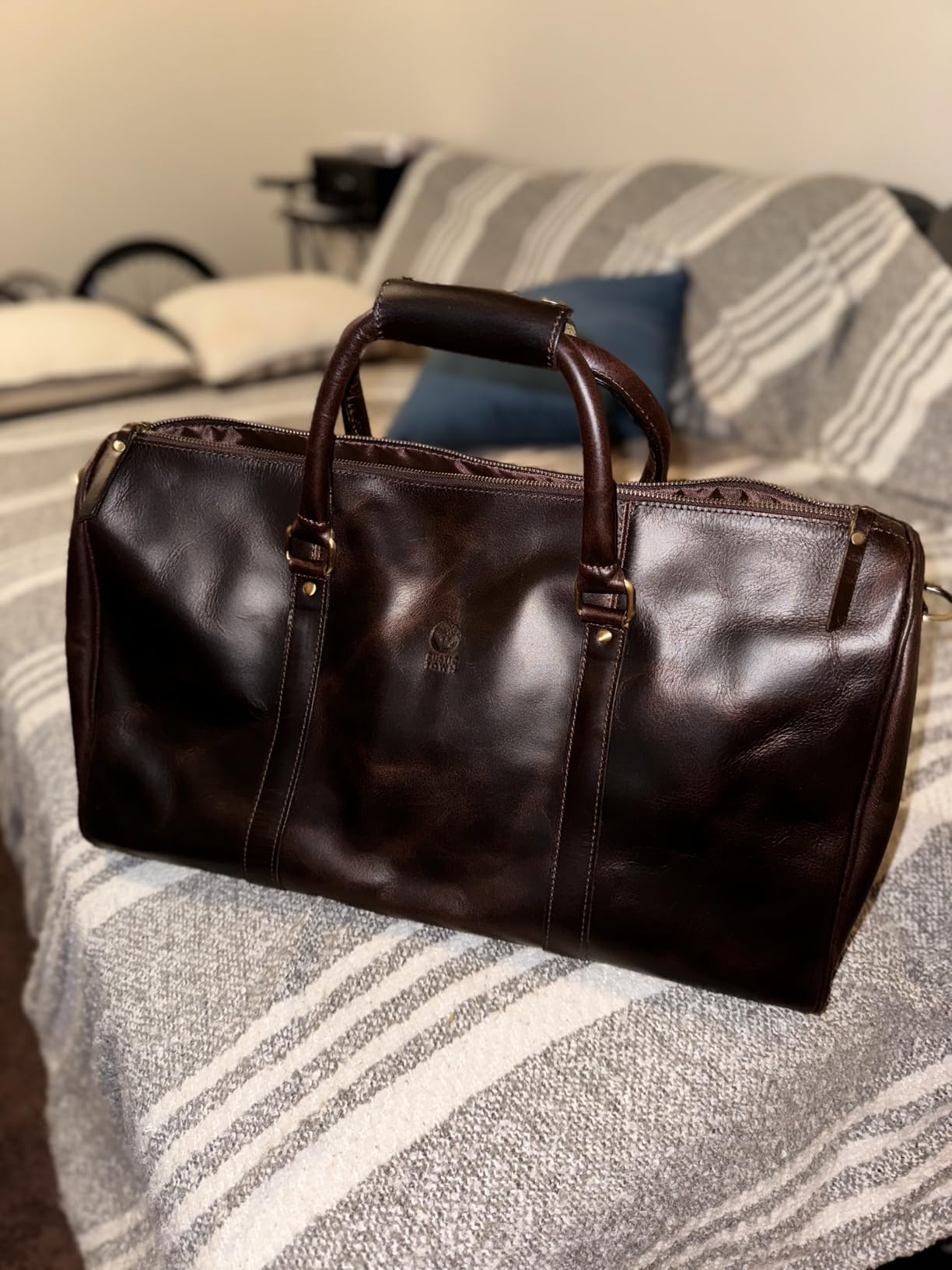 Men's Leather Travel Bag - Weekender Sports Travel Shoulder Bags Aeroplane Hand Luggage Men Duffle Bag (Large), Mulberry, L, leather duffel bag customer photo 2