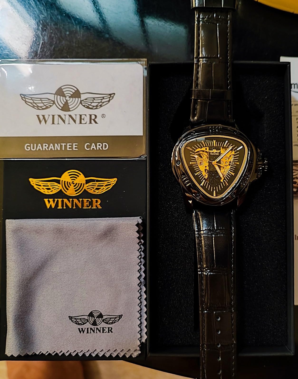 Winner Fashion Mechanical Wrist Watch Triangle Racing Dial, Waterproof Golden Skeleton Dial Automatic Movement Leather Design Mechanical Watch for Men customer photo 1