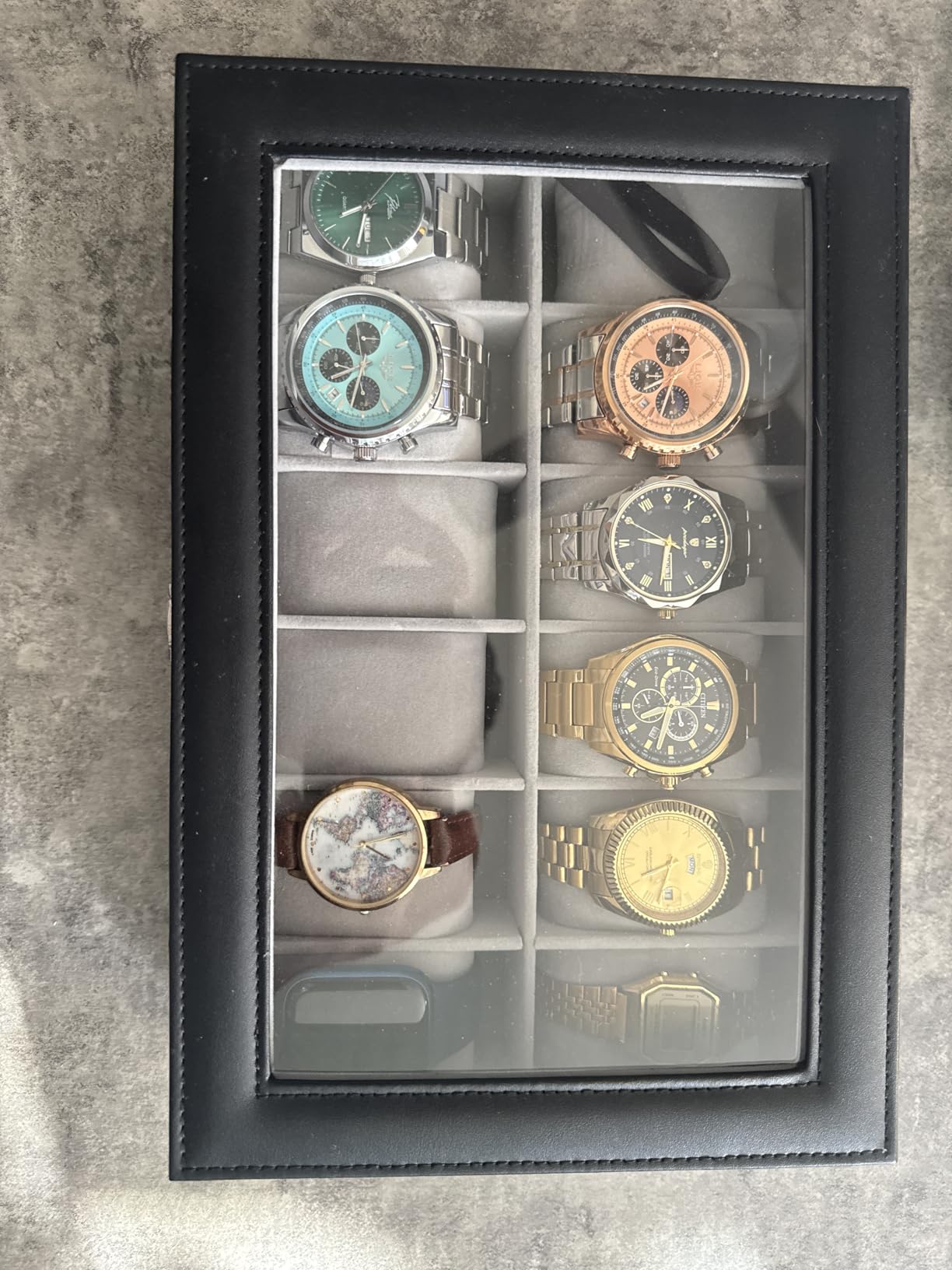 SONGMICS Watch Box, 12-Slot Watch Case Organizer with Large Glass Lid, Removable Pillows, Gift for Loved Ones, Black Synthetic Leather, Gray Lining UJWB12BK customer photo 1