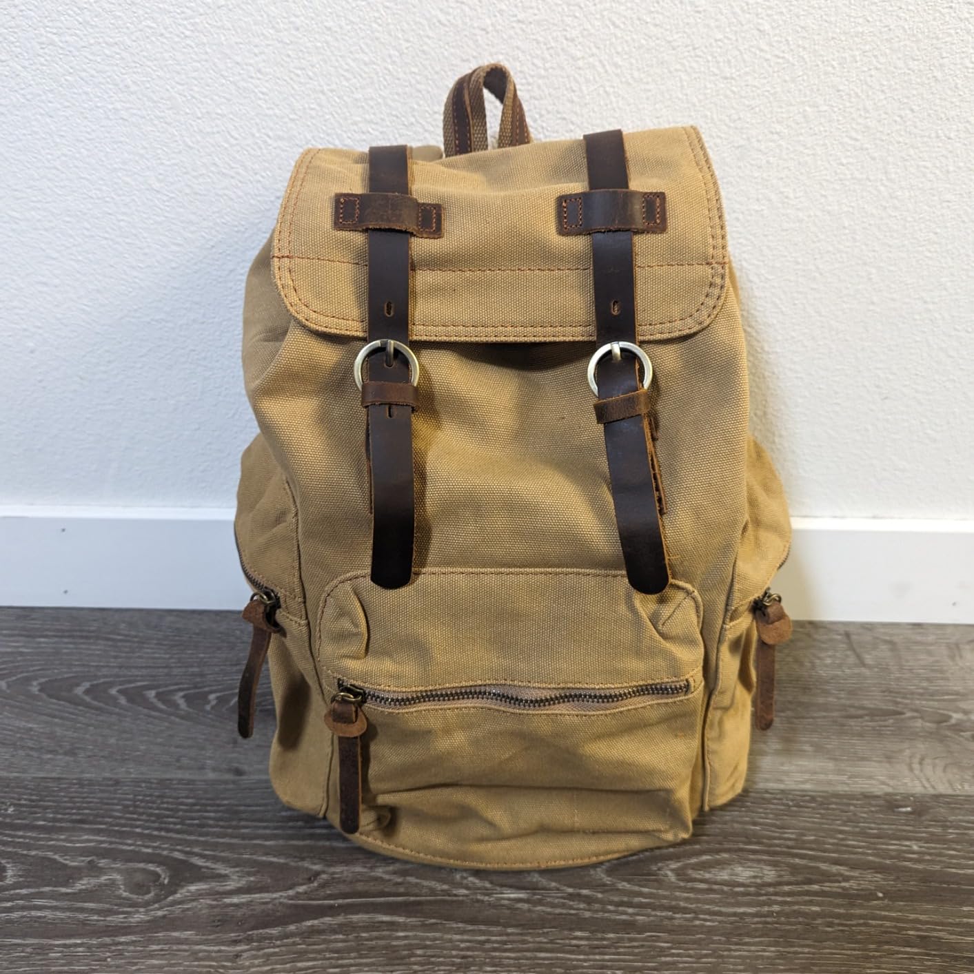 HuaChen Vintage Canvas Travel Backpack with Leather Trim, Laptop Padded Sleeve, Hidden Back Security Pocket, Fits 15-Inch, M32 Coffee Large customer photo 2