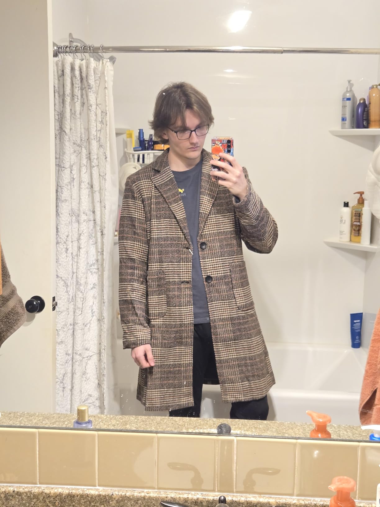 UANEO Mens Winter Trench Coat Notched Collar Single Breasted Plaid Mid Long Peacoat Overcoats with Pockets customer photo 1
