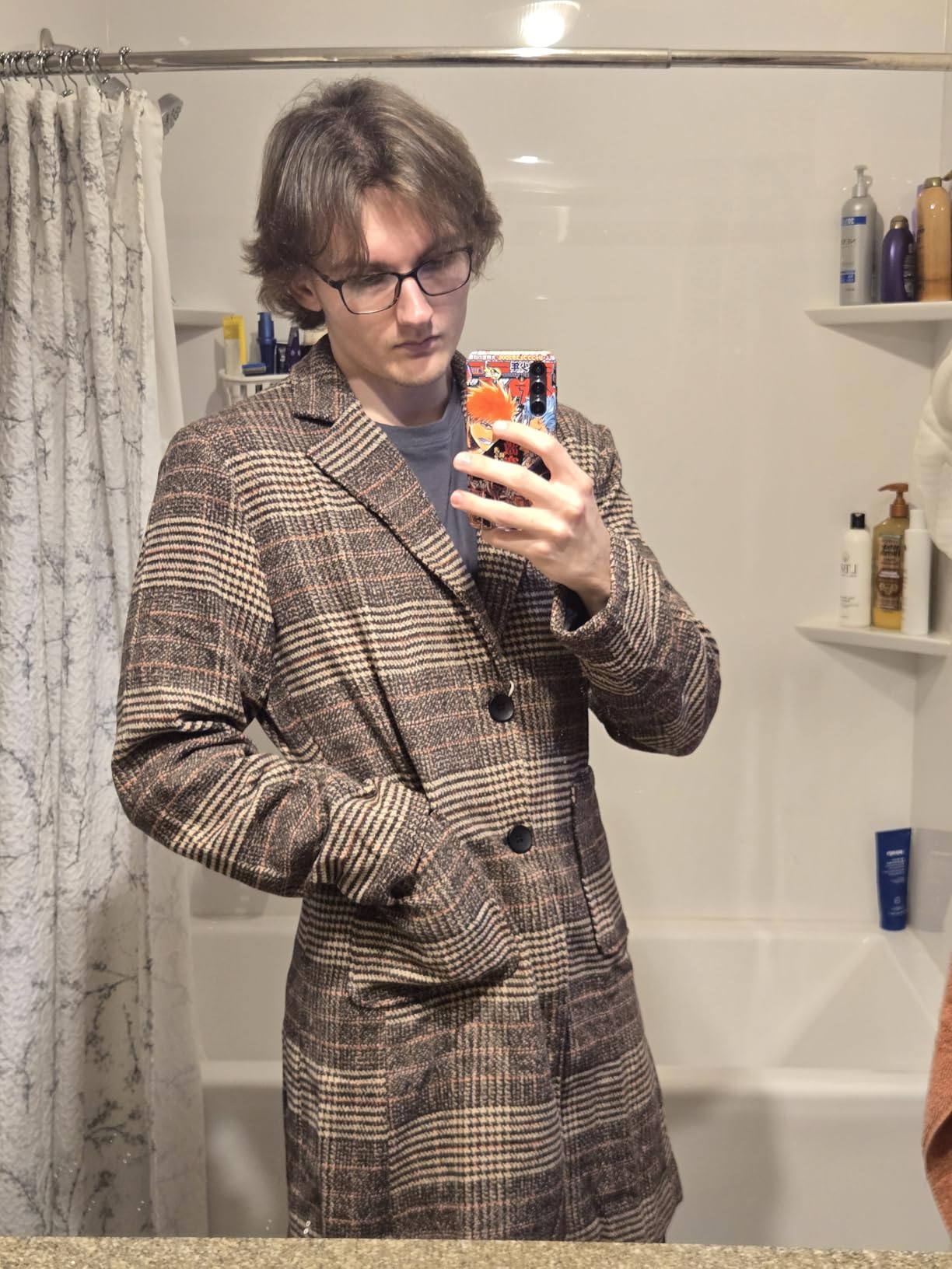 UANEO Mens Winter Trench Coat Notched Collar Single Breasted Plaid Mid Long Peacoat Overcoats with Pockets customer photo 2