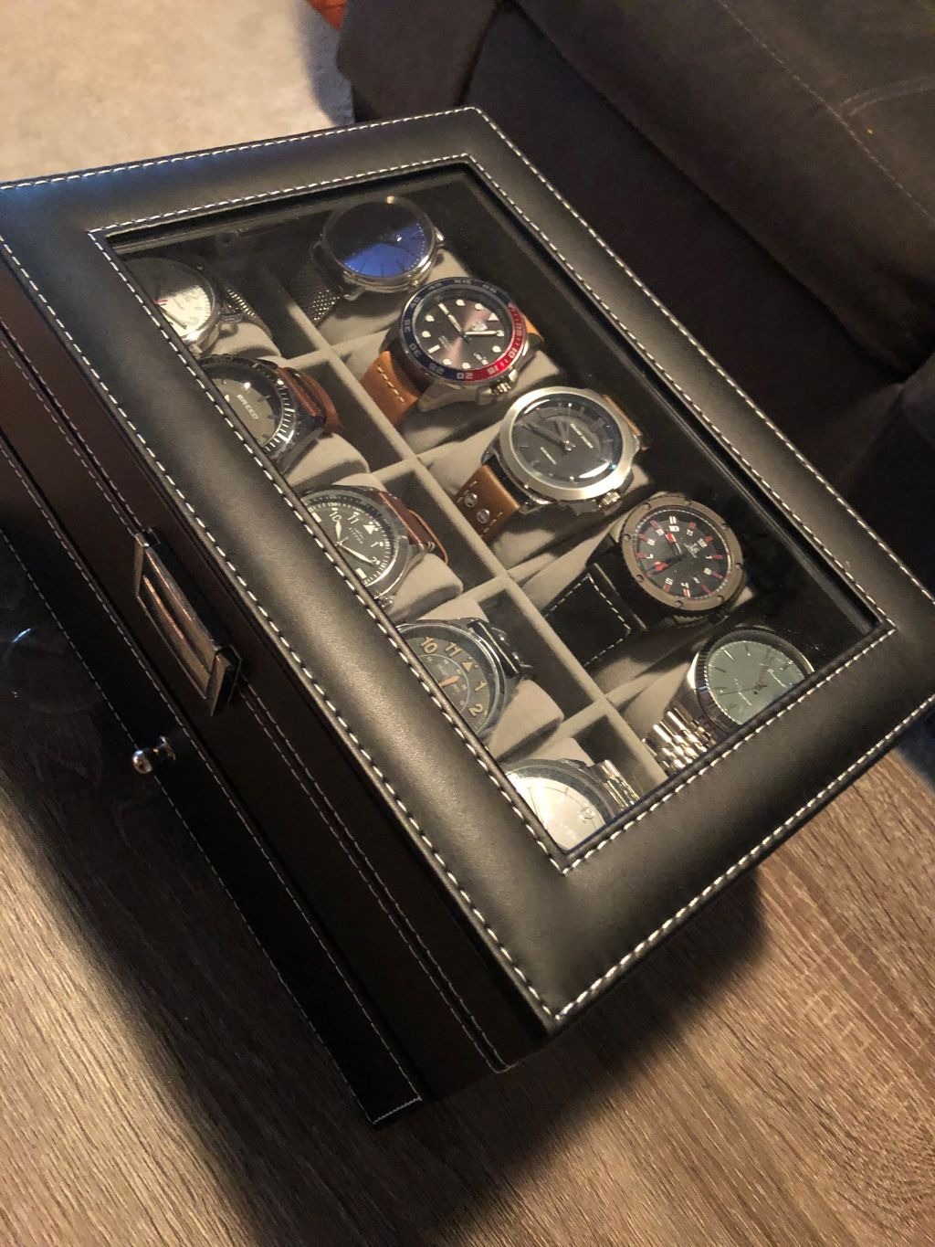 BEWISHOME Watch Case, 20-Slot Watch Box Organizer with Large Glass Lid | Watch Cases for Men with Removable Watch Pillows, Synthetic Leather, Watch Storage Box, Watch Display Case, Black SSH04C customer photo 2