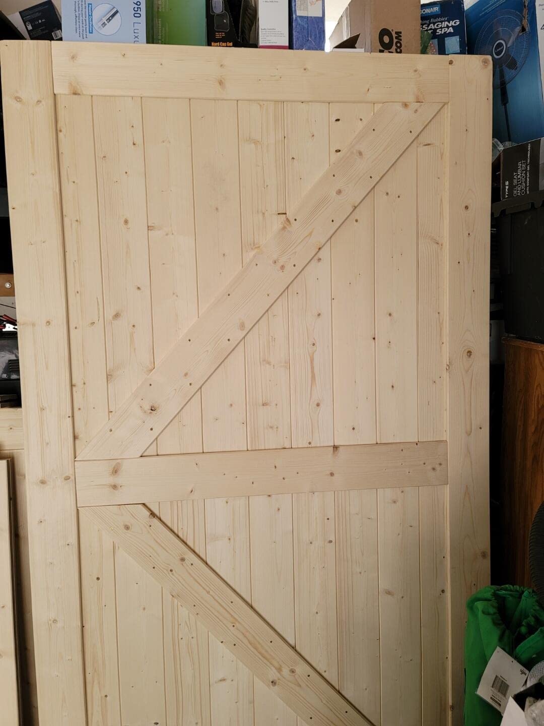 SmartStandard 36in x 84in Sliding Barn Wood Door Pre-Drilled Ready to Assemble, DIY Unfinished Solid Spruce Wood Panelled Slab, Interior Single Door Only, Natural, K-Frame (Fit 6FT-6.6FT Rail) customer photo 1