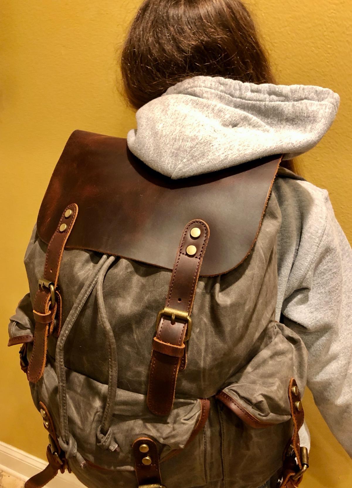 WUDON Leather Backpack for Men, Waxed Canvas Shoulder Rucksack Carry-On Travel Backpack customer photo 1