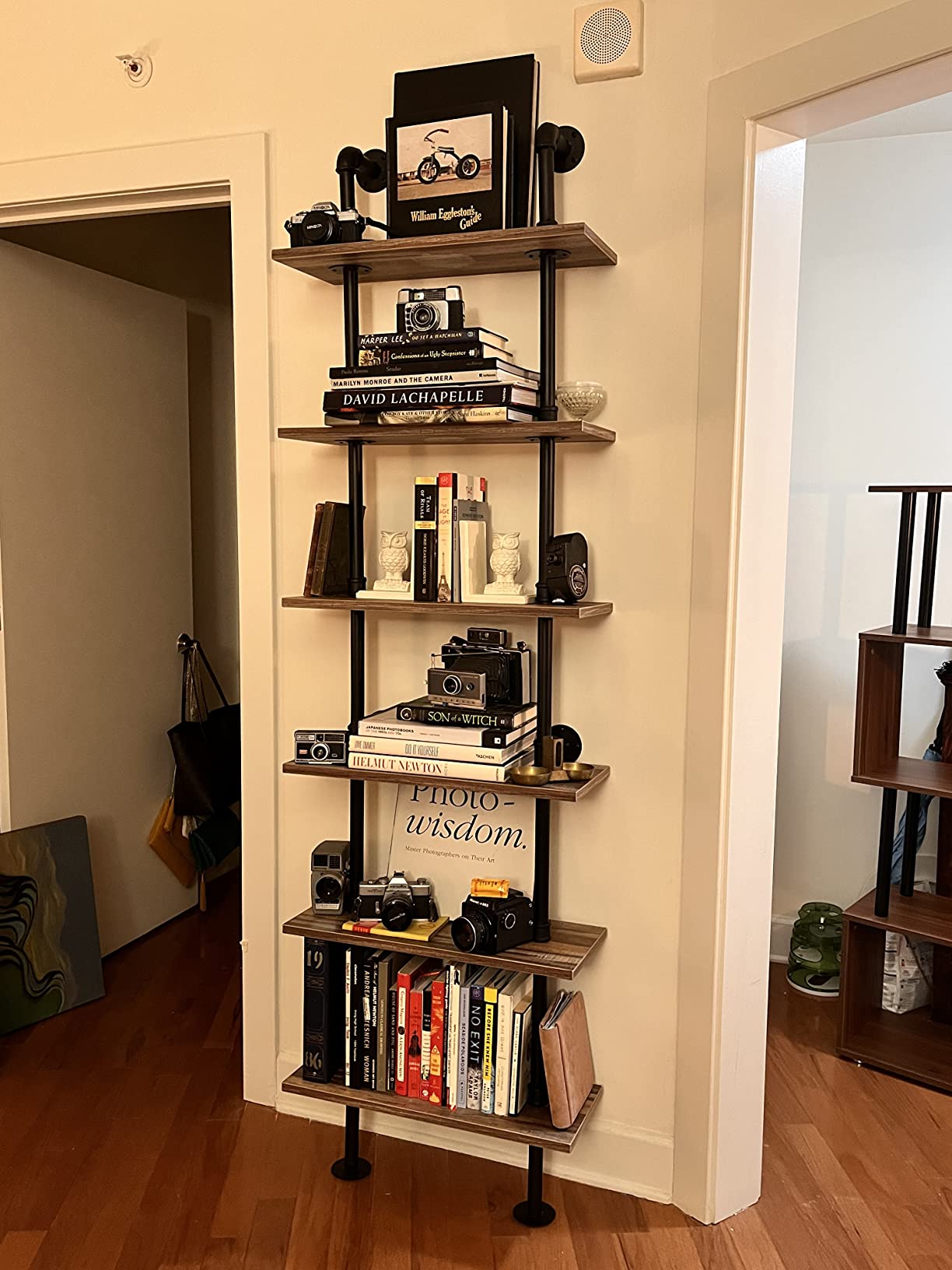 HOMBAZAAR Industrial Pipe Bookshelf,6 Tier Pipe Shelving,Wall Mounted Ladder Shelves with Metal Frame for Home Office,Living Room,Oak Brown customer photo 2