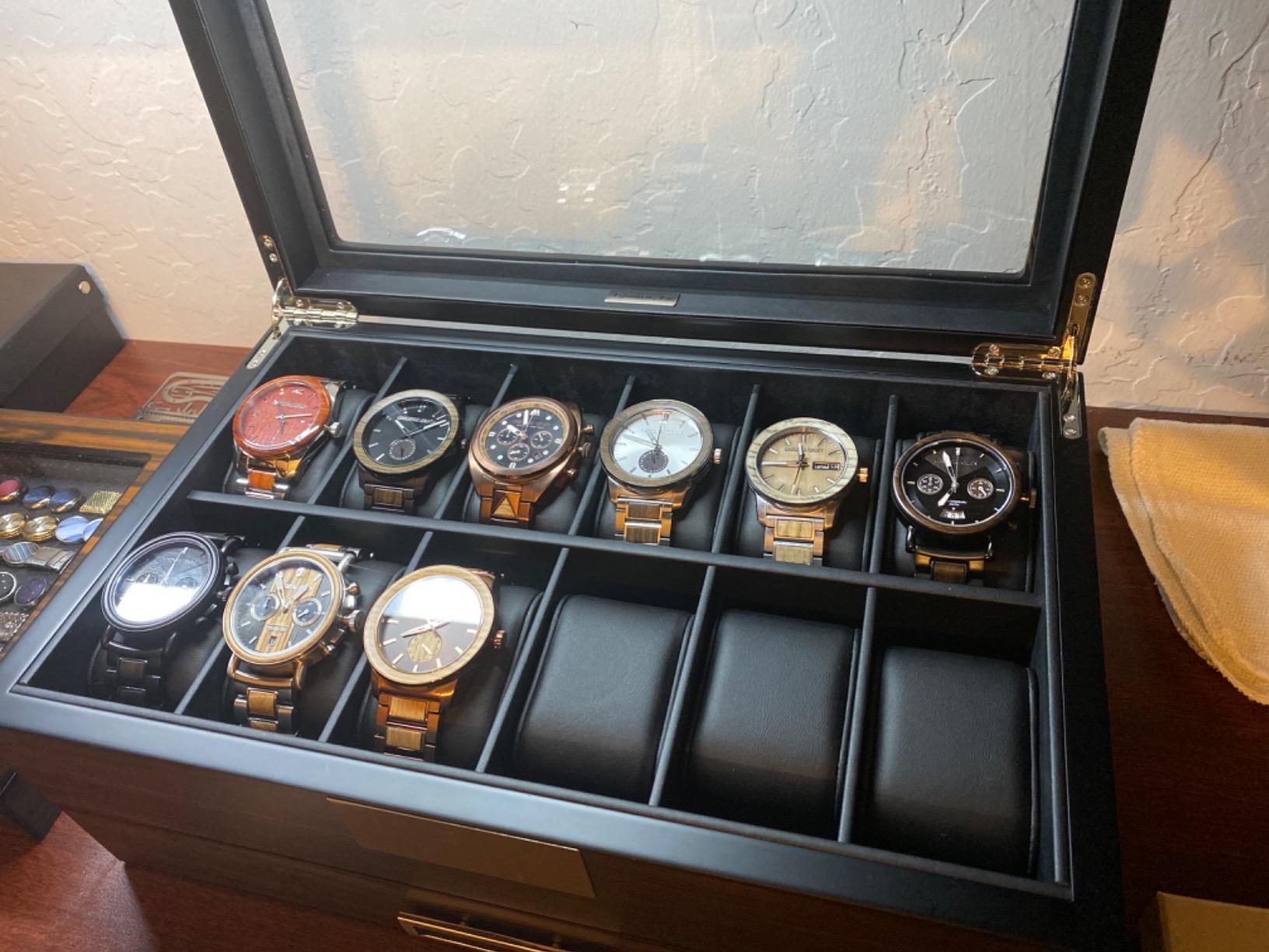 Lifomenz Co Men's Watch Box Organizer - 12 Slot Premium Walnut Wood Watch Display Case with Valet Drawer, Glass Window & Leather Interior customer photo 1