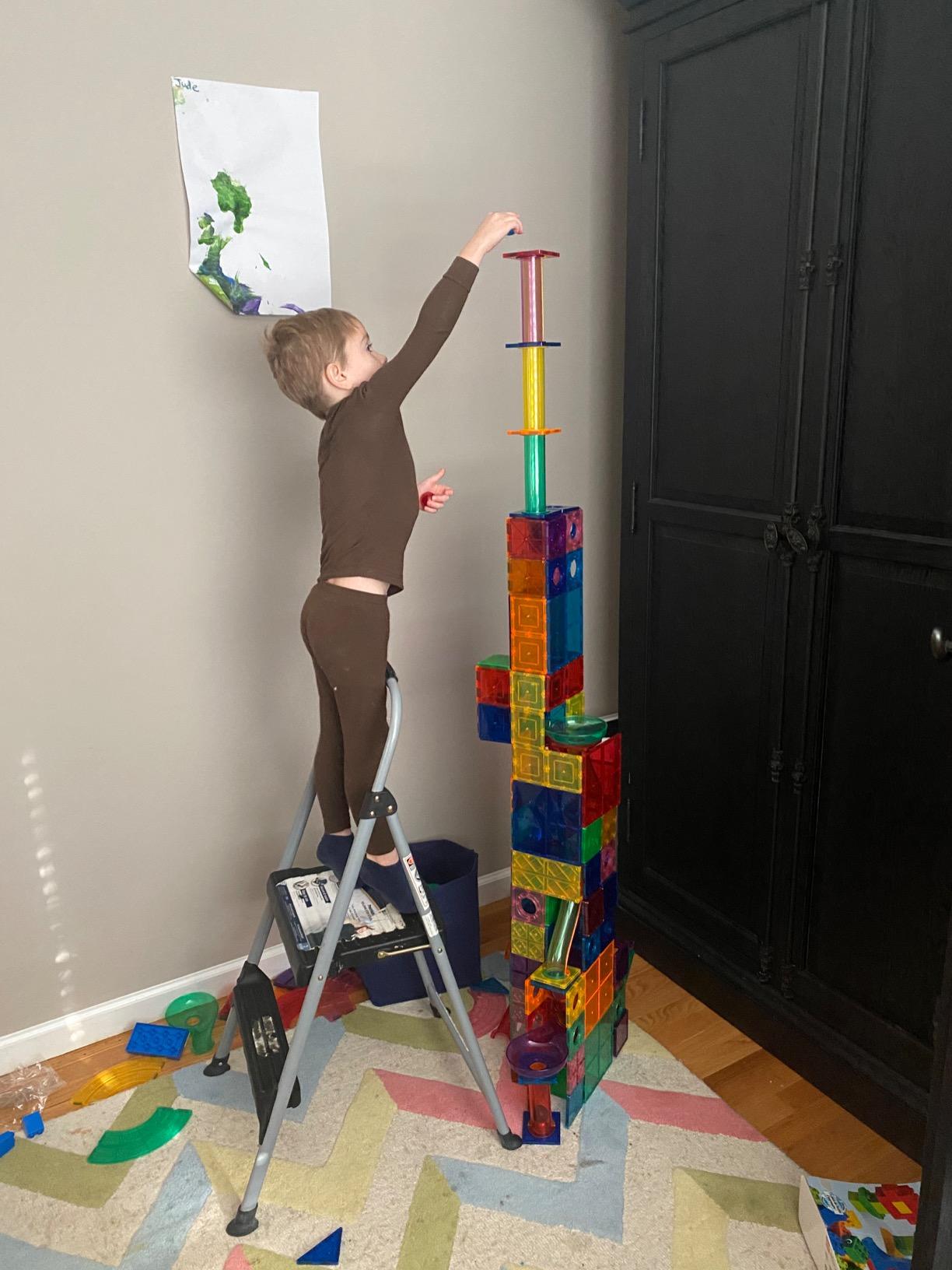 PicassoTiles 70 Piece Marble Run Magnetic Tiles Race Track STEM Ages 3+ | 8 quarter-round turns, 10 long slides, 4 U-turns, 2 funnels & 2 slopes, 4 weighted balls, BPA-free, fine motor & spatial play customer photo 1