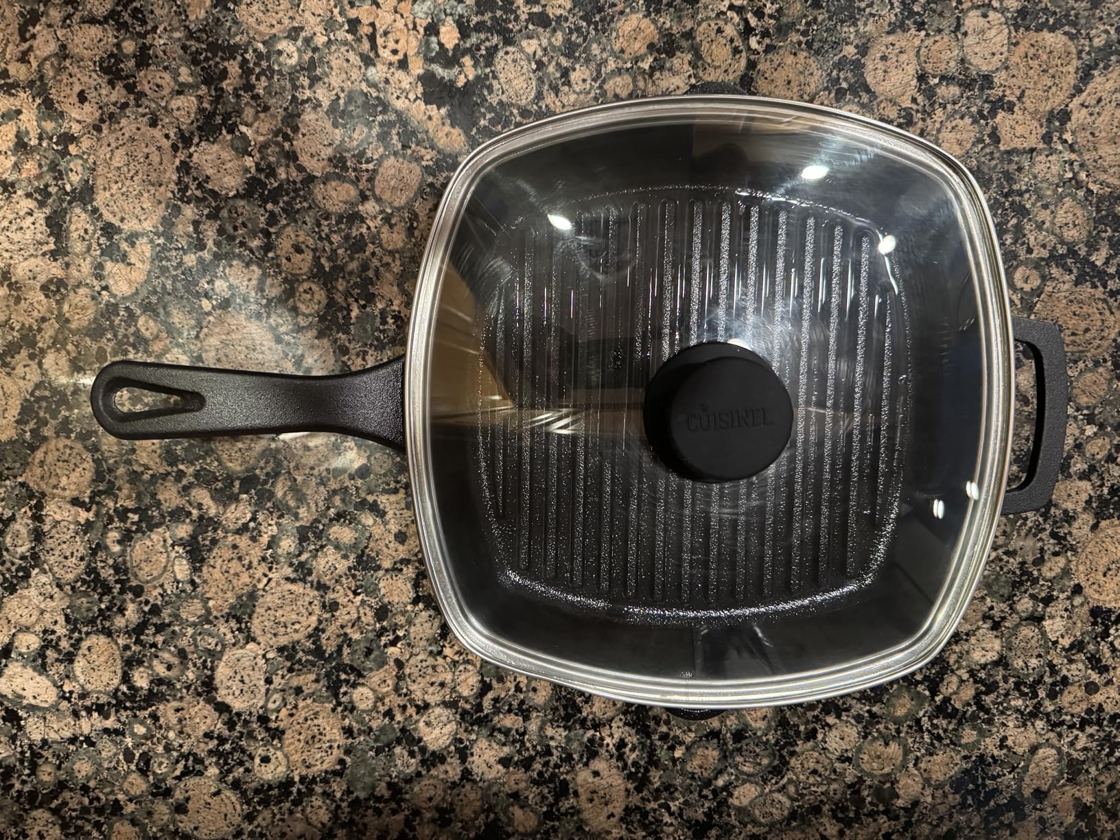 Cuisinel Cast Iron Square Grill Pan + Glass Lid + Pan Scraper + Handle Cover - 10.5