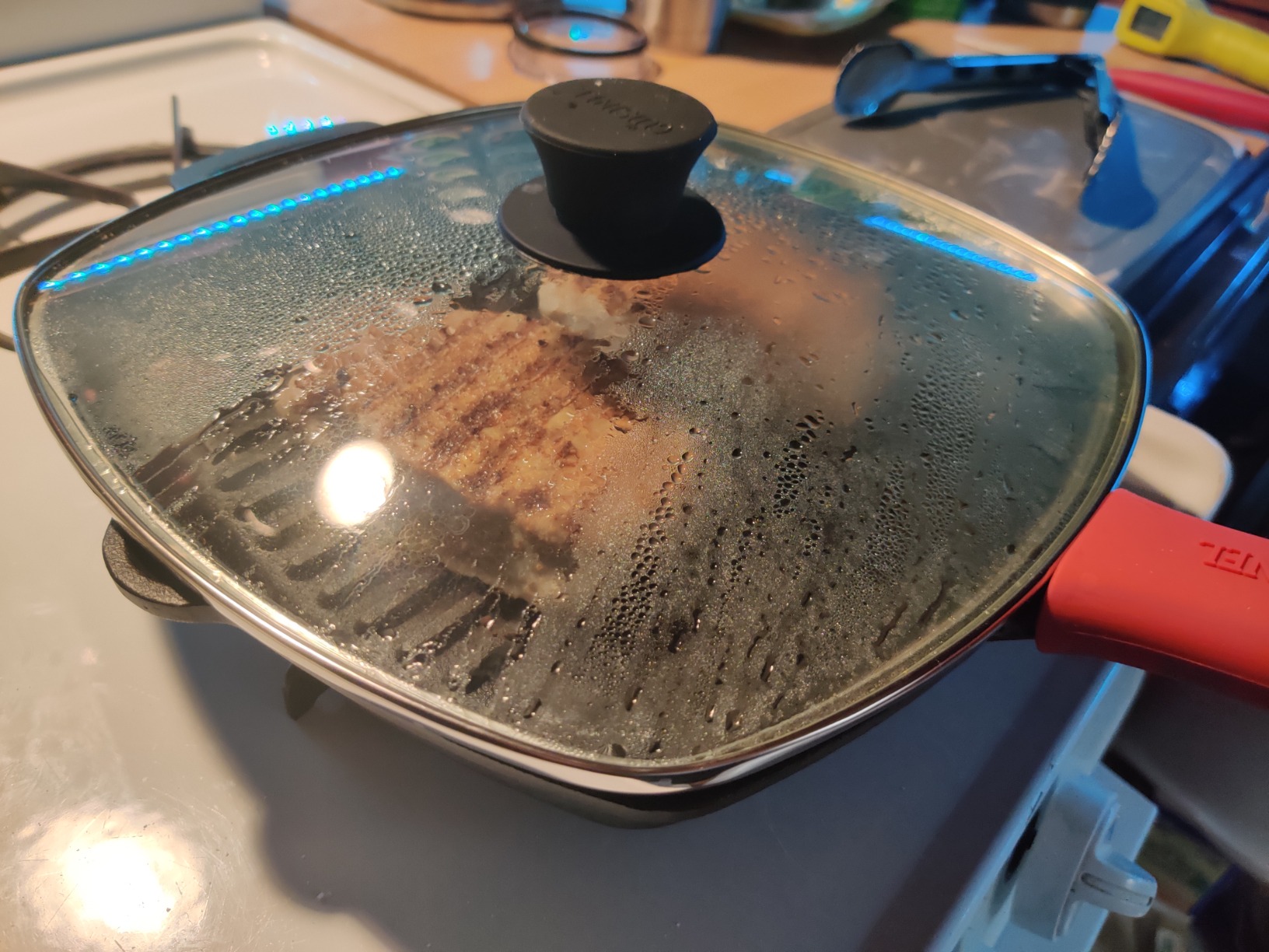 Cuisinel Cast Iron Square Grill Pan + Glass Lid + Pan Scraper + Handle Cover - 10.5