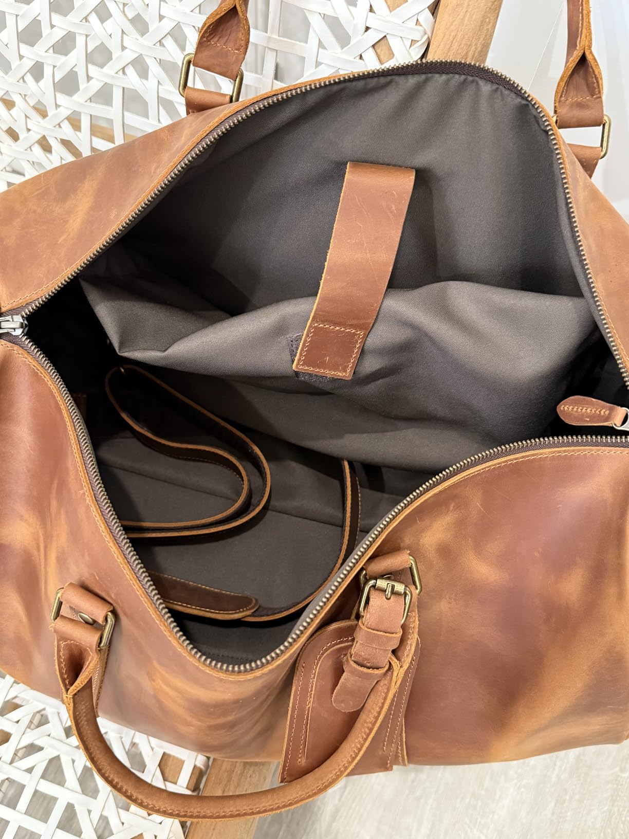 Leather Travel Duffel Bag, Mens Classic Gift Leather Weekend Bag Overnight Full Grain Retro Sport Gym Carry on Luggage YKK Zipper (Brown) customer photo 1