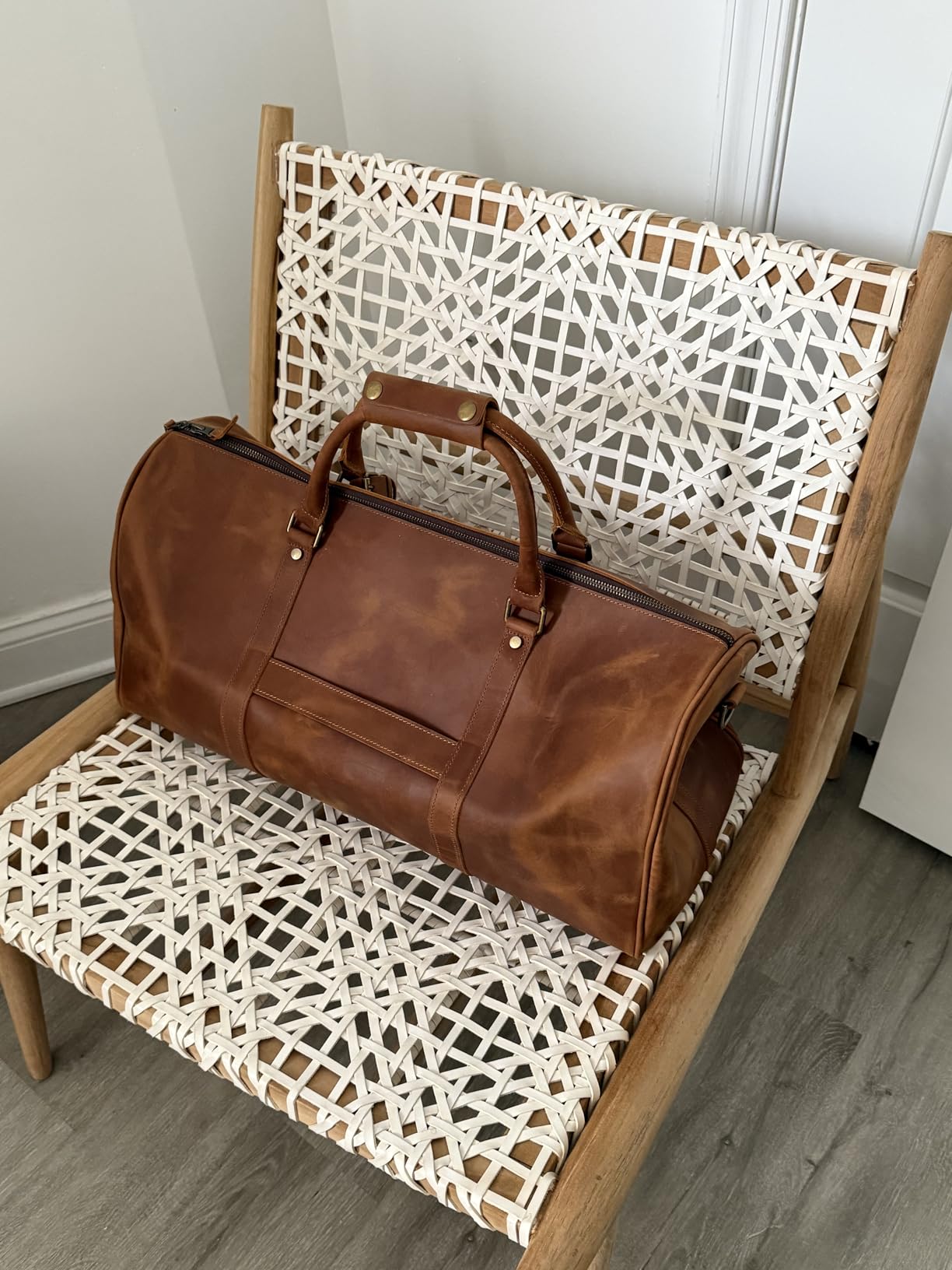 Leather Travel Duffel Bag, Mens Classic Gift Leather Weekend Bag Overnight Full Grain Retro Sport Gym Carry on Luggage YKK Zipper (Brown) customer photo 2