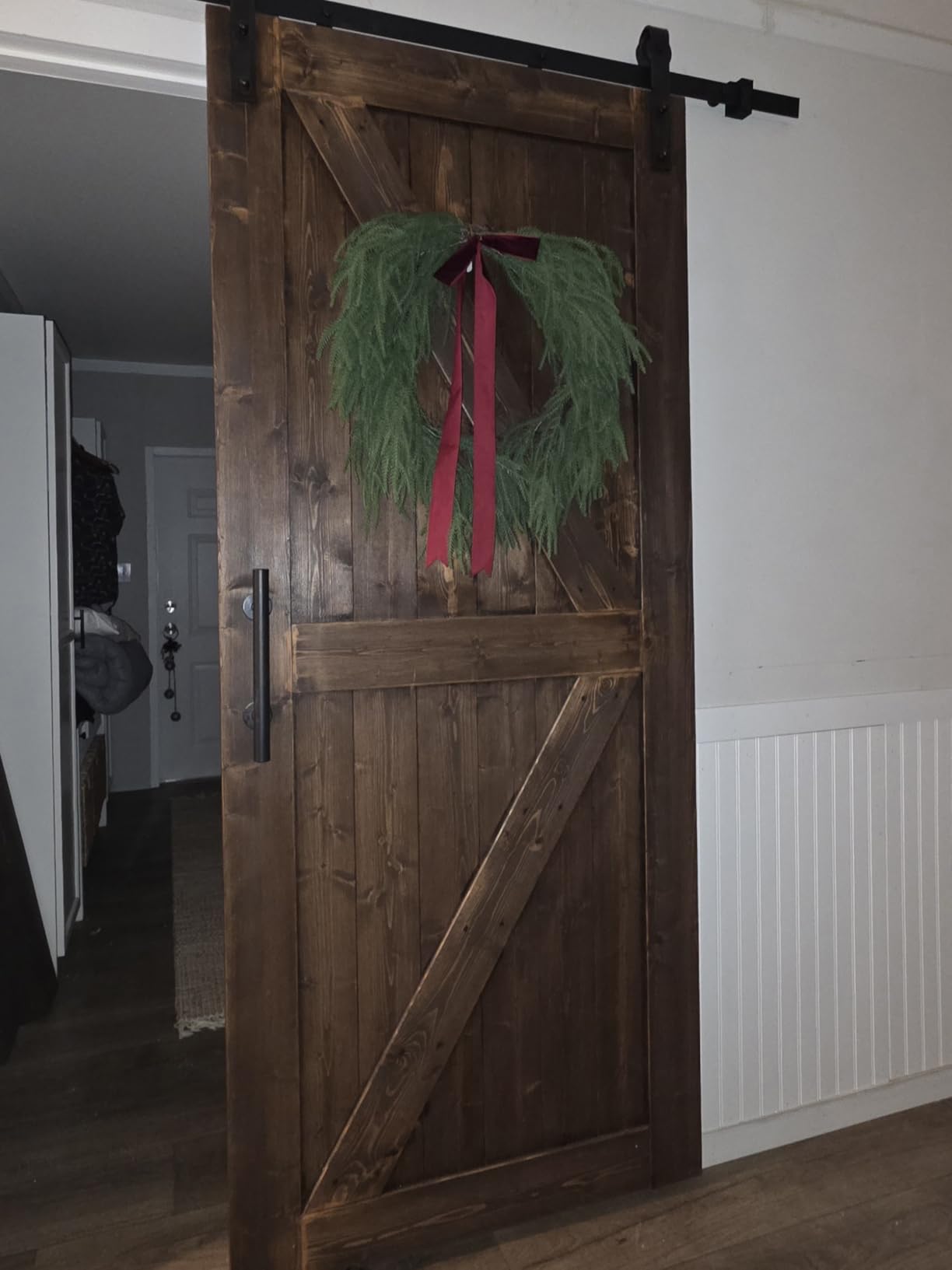 S&Z TOPHAND 36in x 84in Unfinished British Brace Knotty Barn Door with Sliding Hardware Kit, Solid Wood, Sliding Door, Double Surfaces, Simple Assembly Required customer photo 1