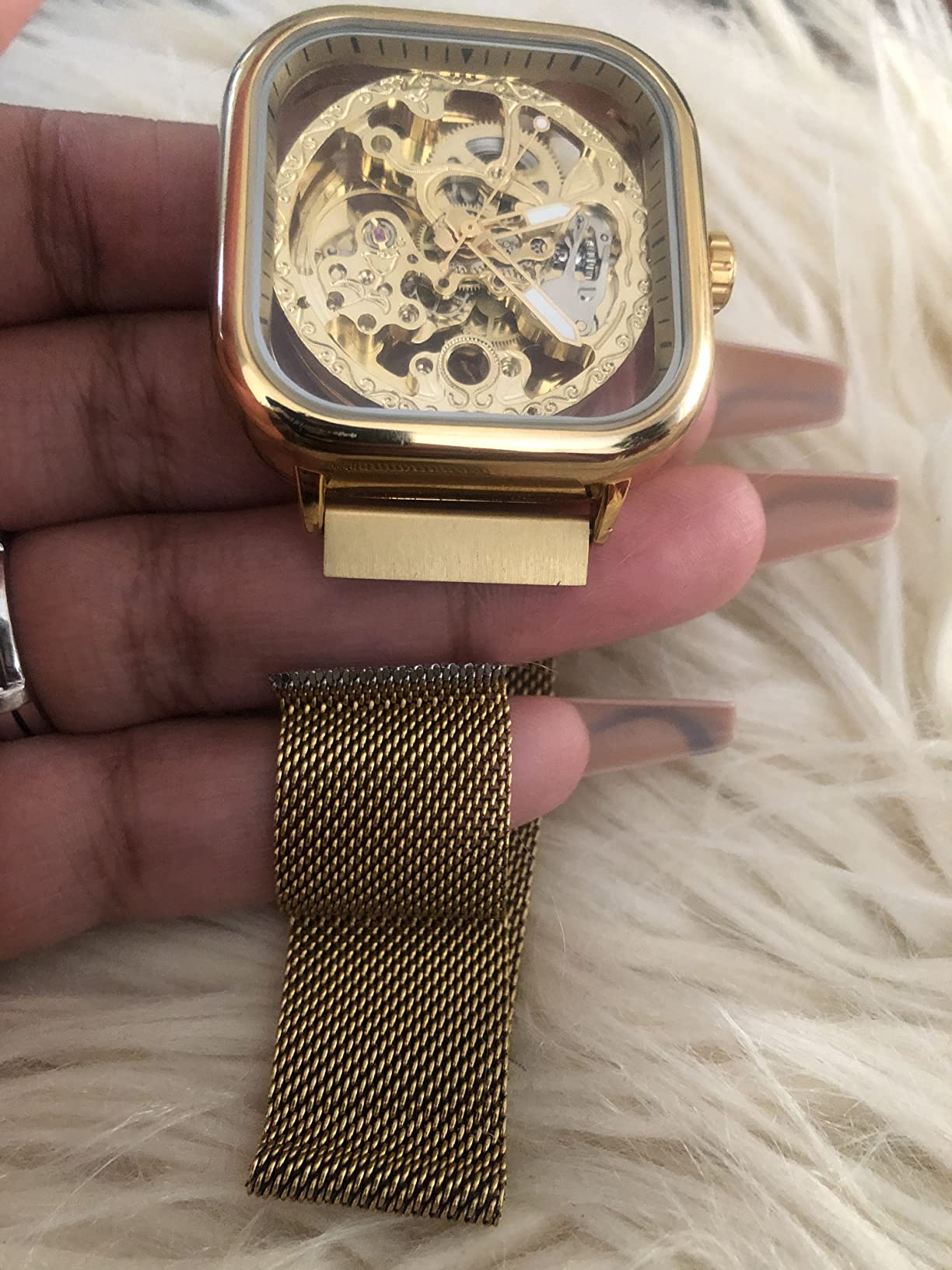 Automatic Watches Mechanical Wrist Watch Golden for Mens Skeleton Watches with Stainless Steel Transparent Dial with Royal Flower Movement Carving customer photo 1